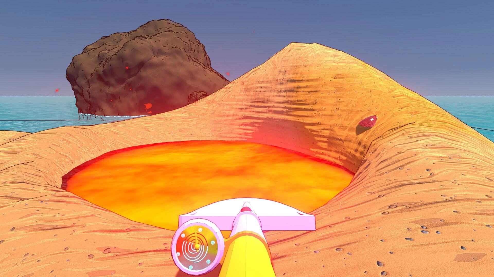 Cozy Holes: Digby explores a glowing lava pit on a sandy island with distant rocky terrain