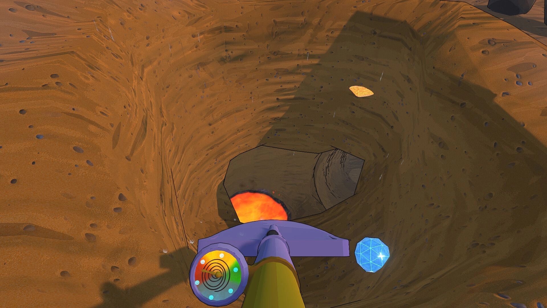 Cozy Holes: Digby digging through earth with lava below, colorful UI element and blue gem visible