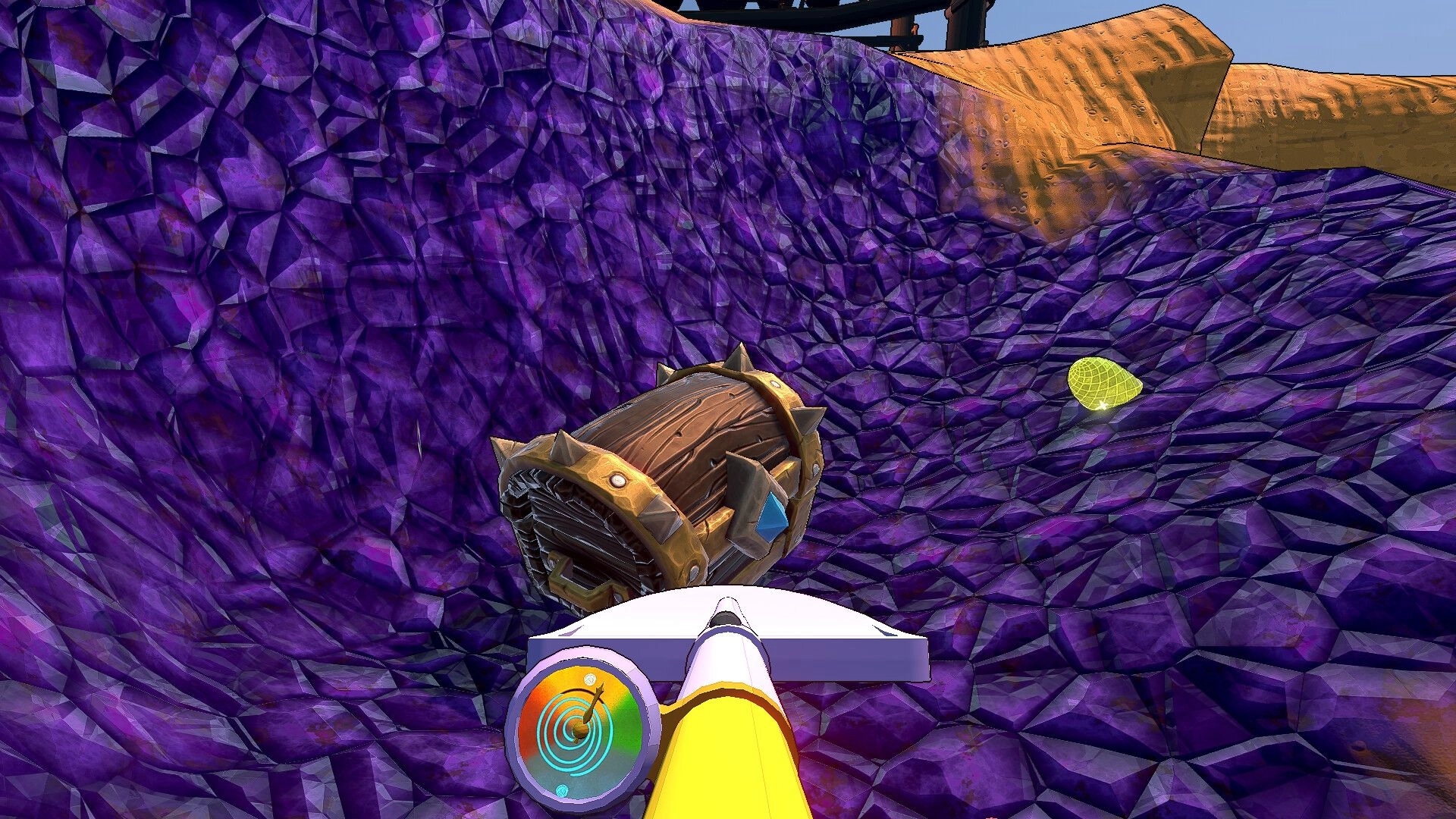 Cozy Holes: Digby uncovering a treasure chest on vibrant purple terrain with navigation UI visible
