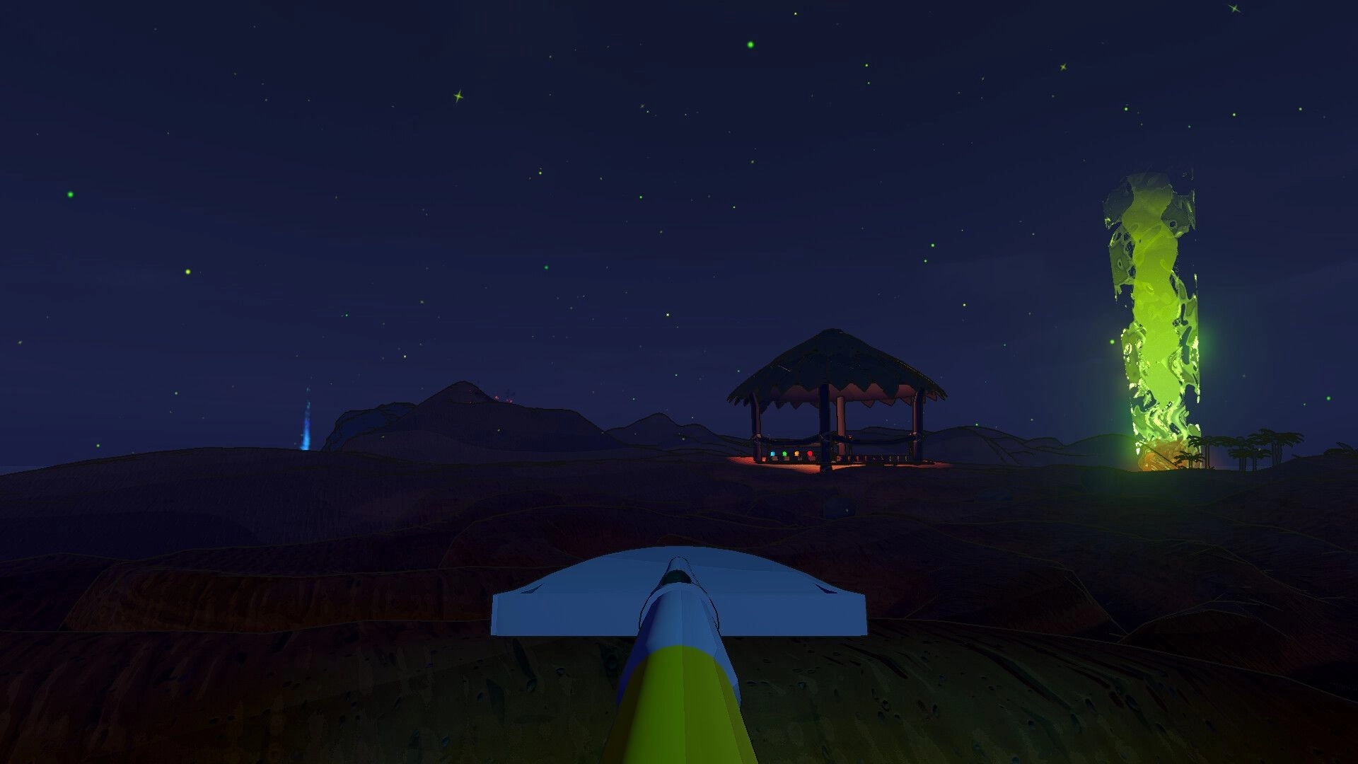 Cozy Holes: Digby overlooks a night landscape with a glowing green pillar and a distant hut
