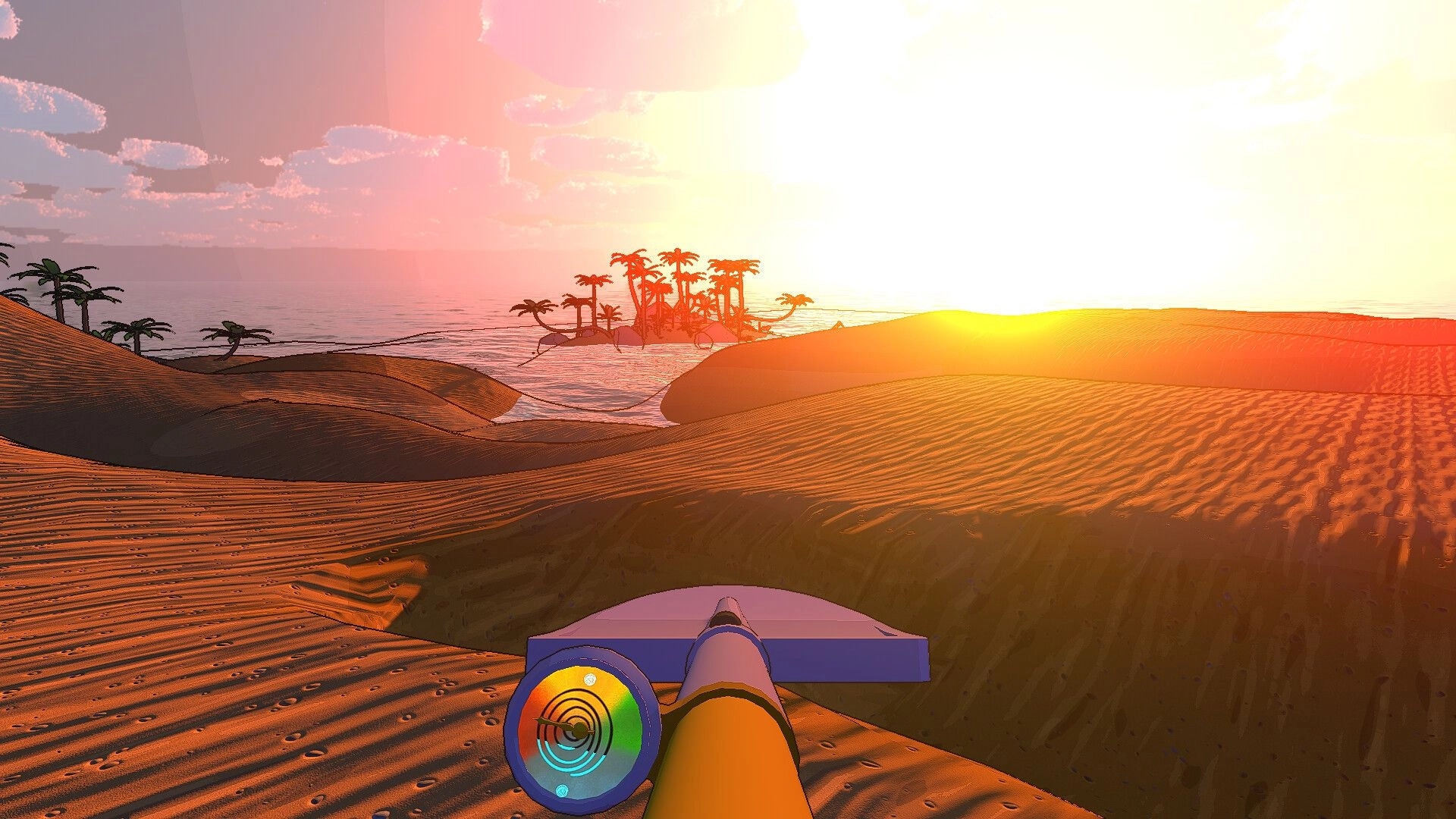 Cozy Holes: Digby explores sunlit dunes with distant palm-covered island at sunset