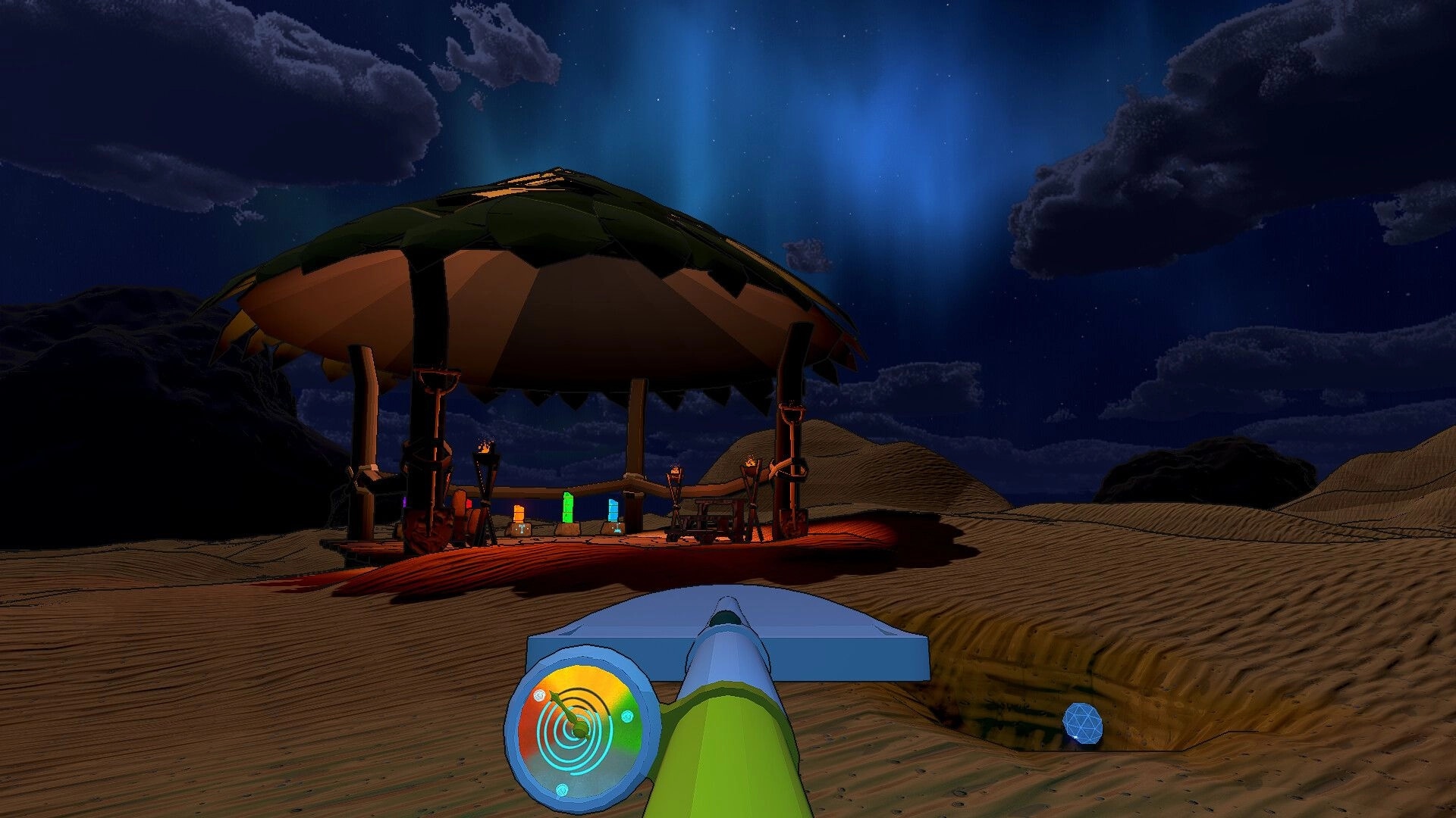 Cozy Holes: Digby exploring a sandy desert at night under a large umbrella with glowing artifacts