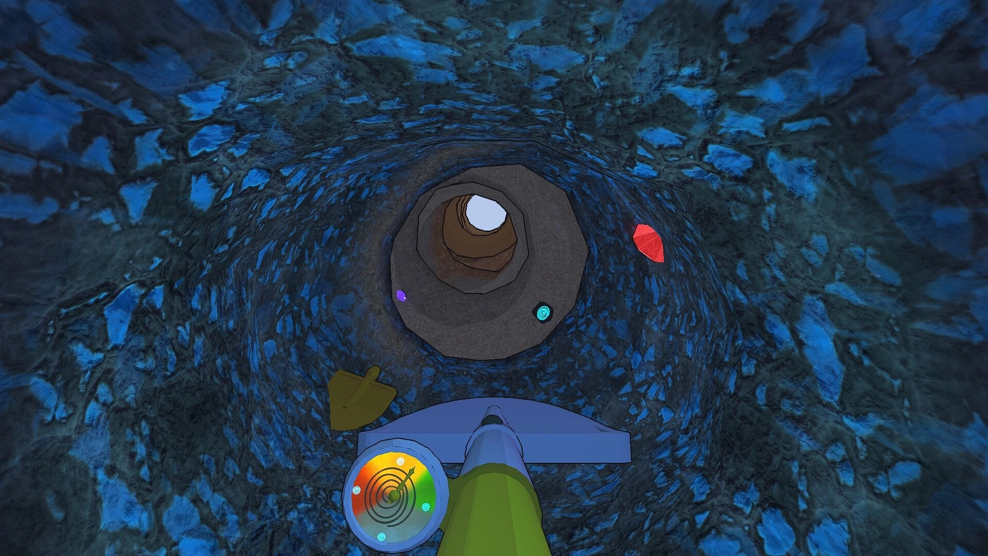 Cozy Holes: Digby exploring a deep, vibrant blue tunnel with scattered colorful gemstones and radar tool.