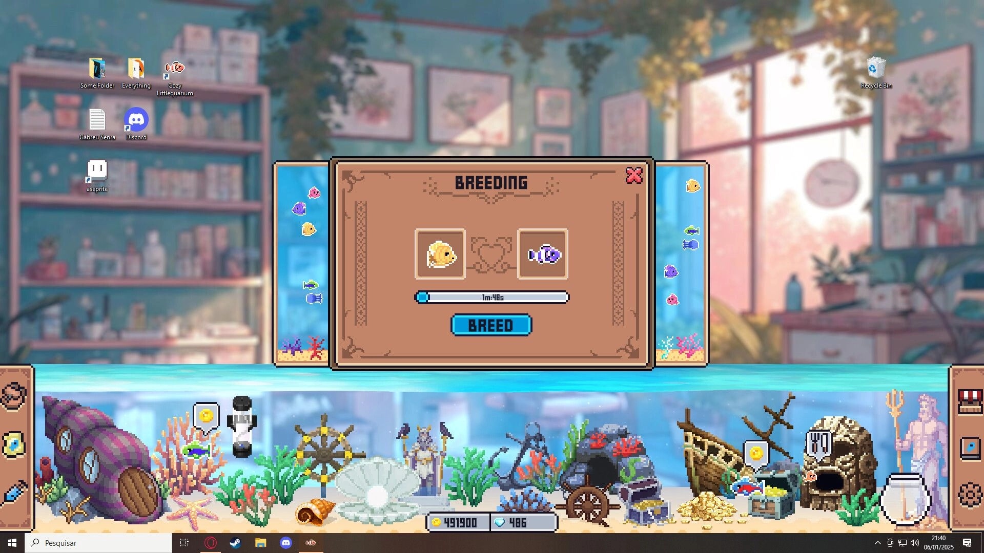 Cozy Littlequarium: Breeding interface with timer, colorful fish, and decorative underwater setting