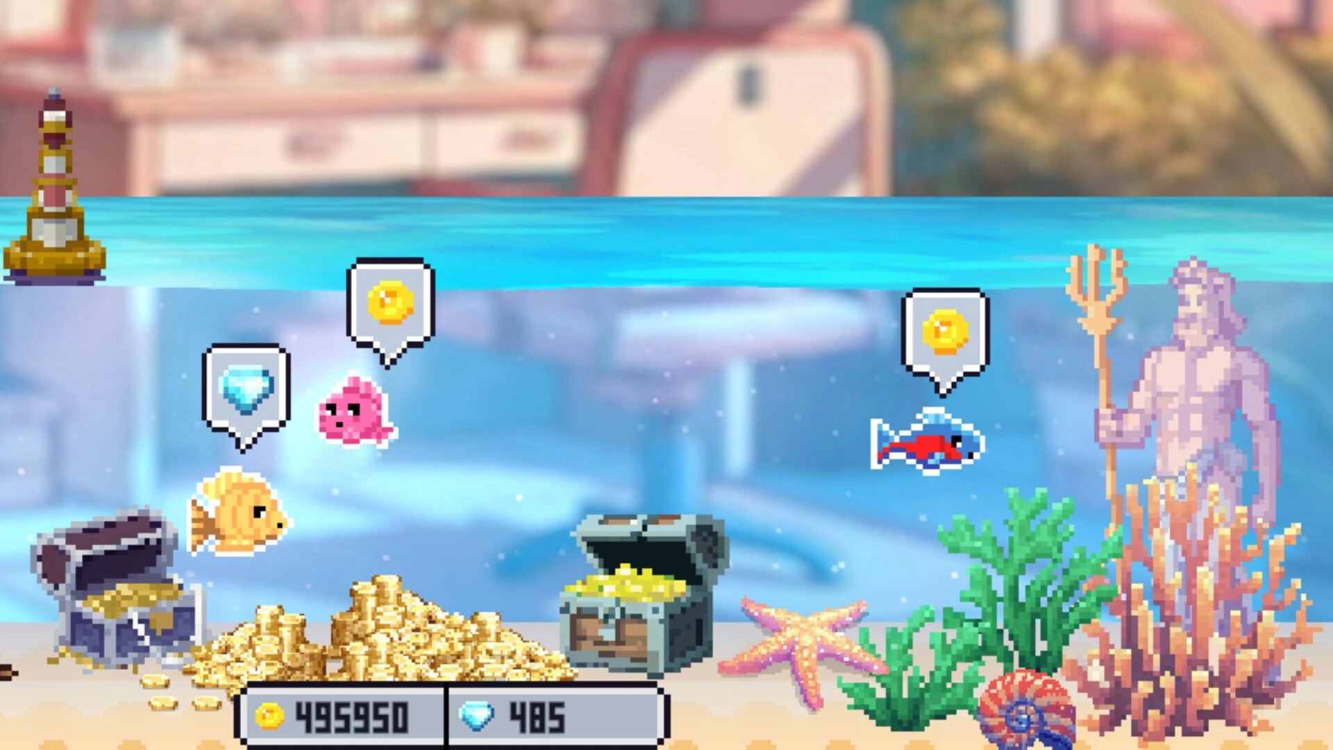 Cozy Littlequarium: Colorful fish swim by treasure chests and coral with currency icons floating above.