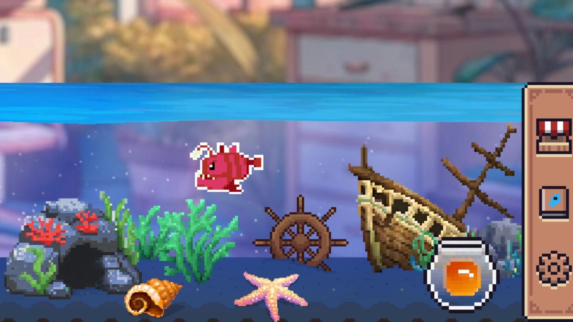Cozy Littlequarium: Red fish swims near shipwreck and coral with UI icons on right side of screen