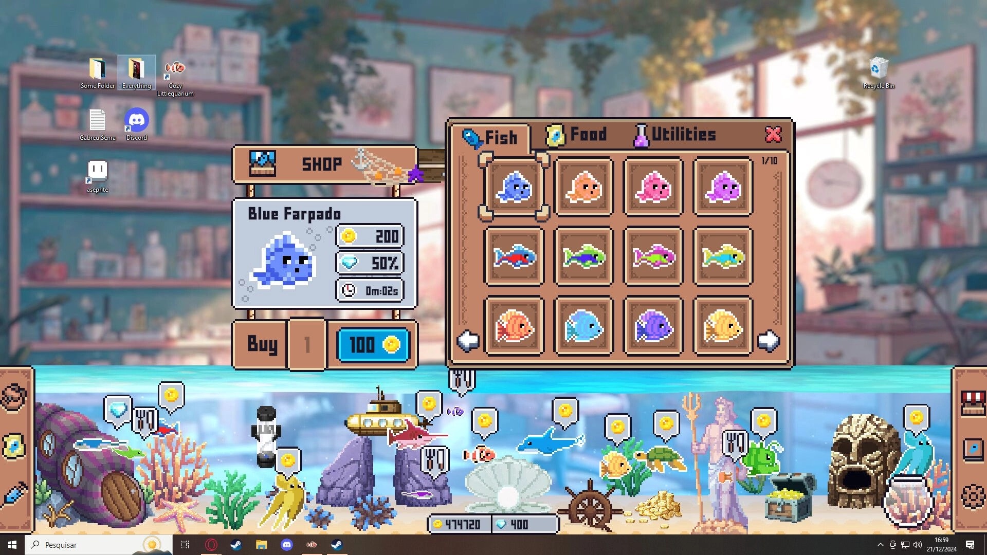 Cozy Littlequarium: Fish shop menu open with Blue Farpado details and aquarium environment below
