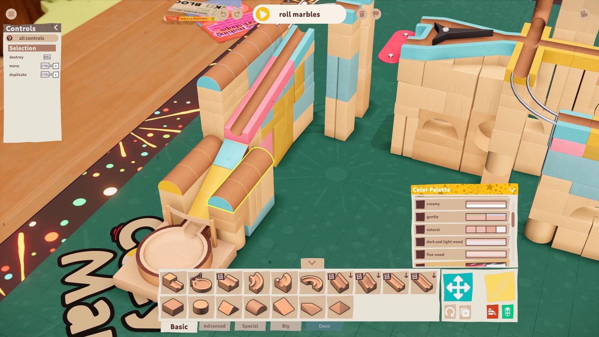 Cozy Marbles: Marble run construction with controls menu and color palette on a wooden workbench