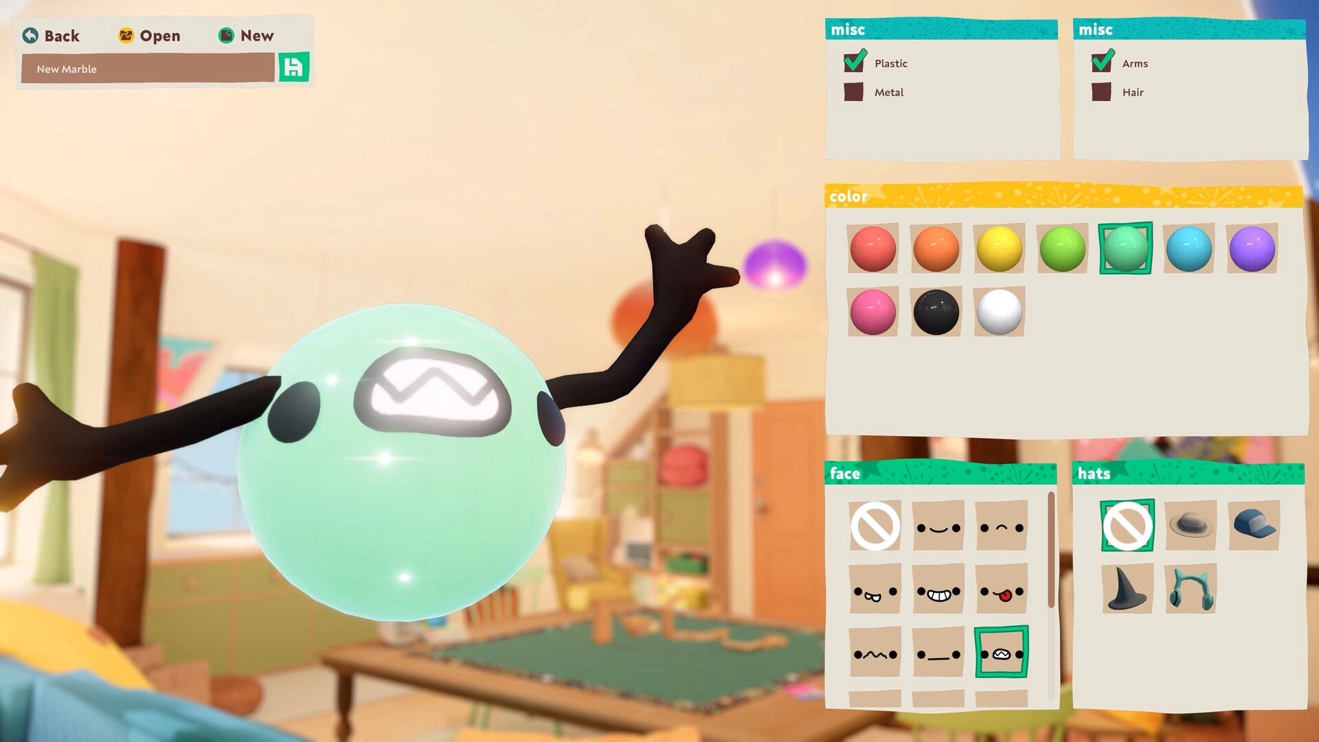 Cozy Marbles: Marble customization interface with color, face, and accessory options in a cozy room