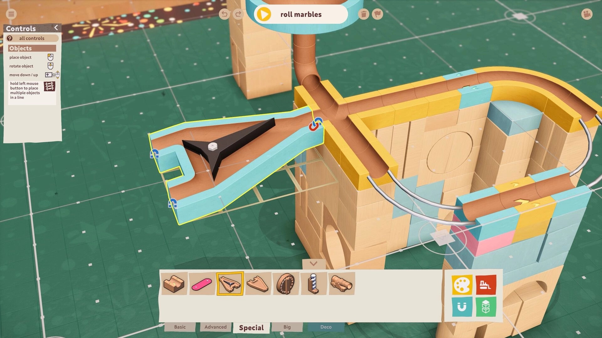 Cozy Marbles: Crafting intricate marble run with colorful blocks and pipes in sandbox interface