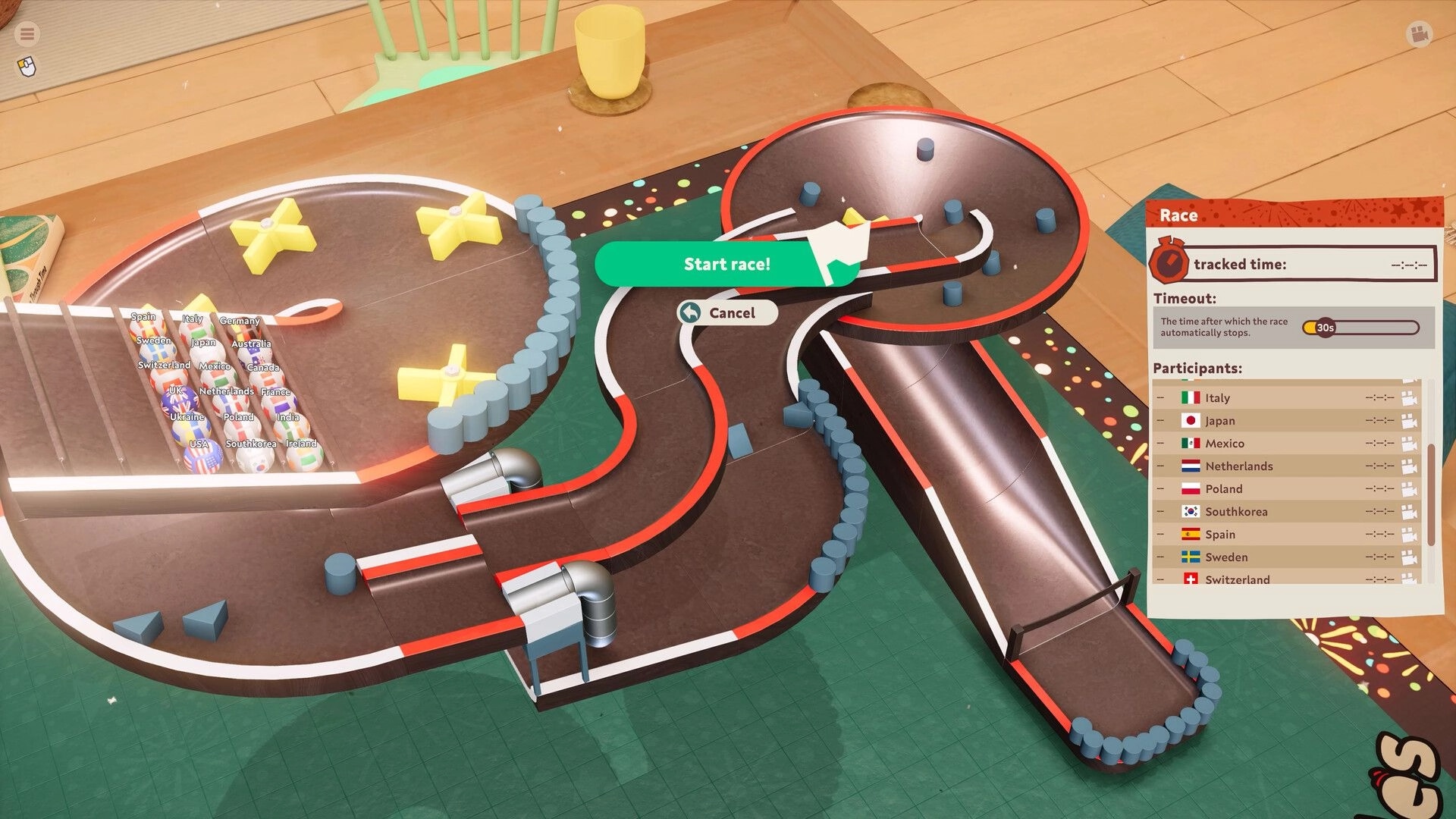 Cozy Marbles: Marble race setup with track details and participant list on right, ready to start race