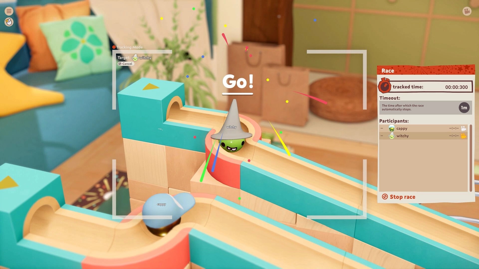 Cozy Marbles: Marble race with characters Cappy and Witchy on colorful track in cozy living room setting