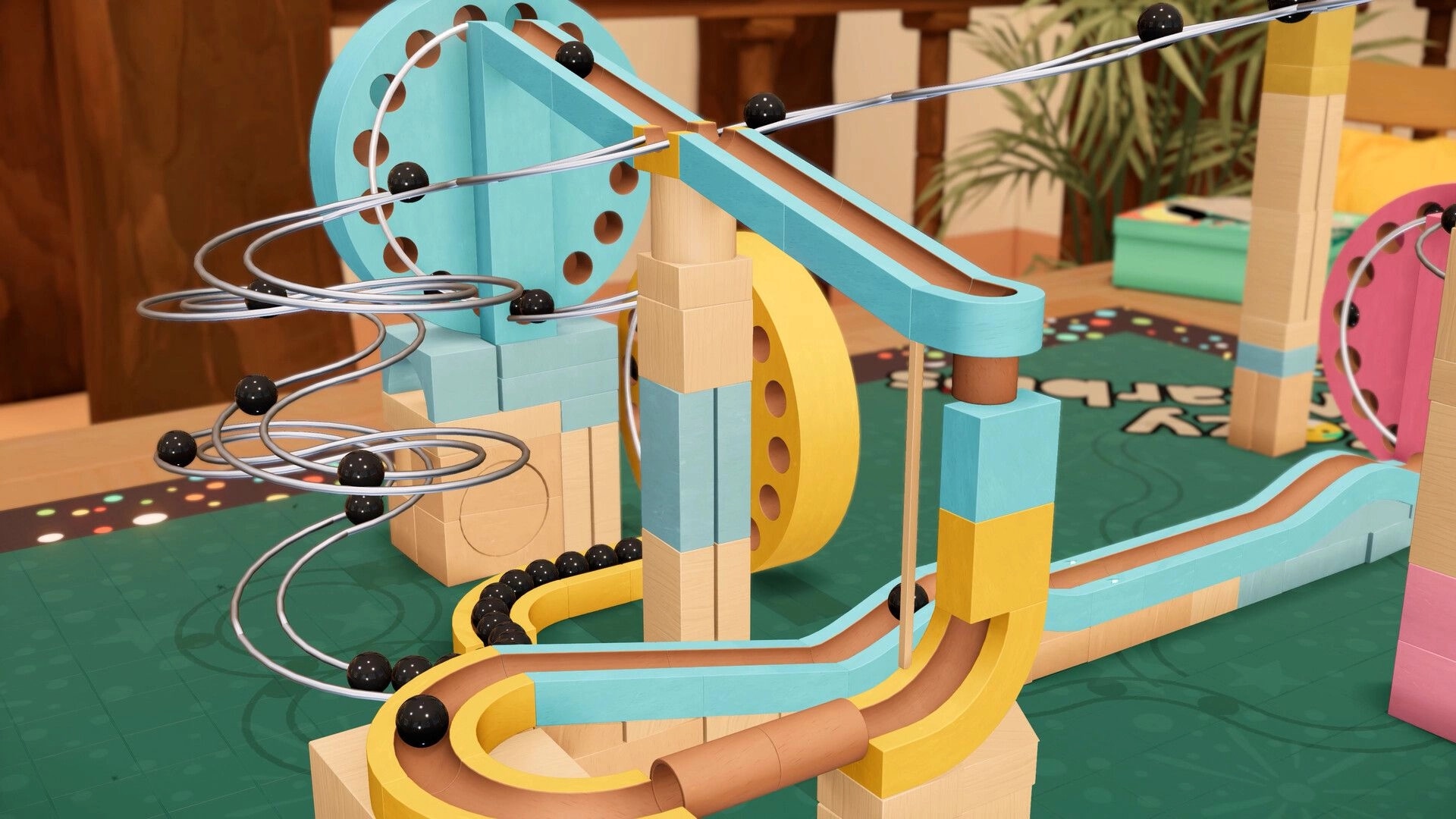 Cozy Marbles: Intricate marble run with colorful tracks and spirals set in a cozy tabletop environment