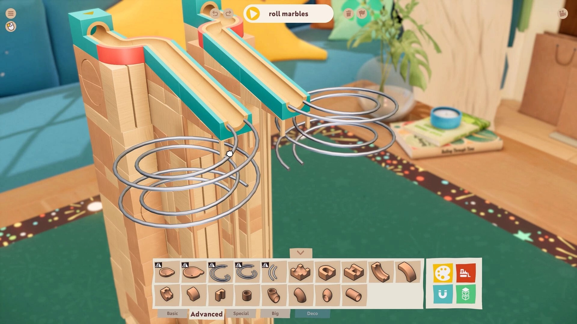 Cozy Marbles: Wooden marble run construction with spiral tracks in a cozy living room setting