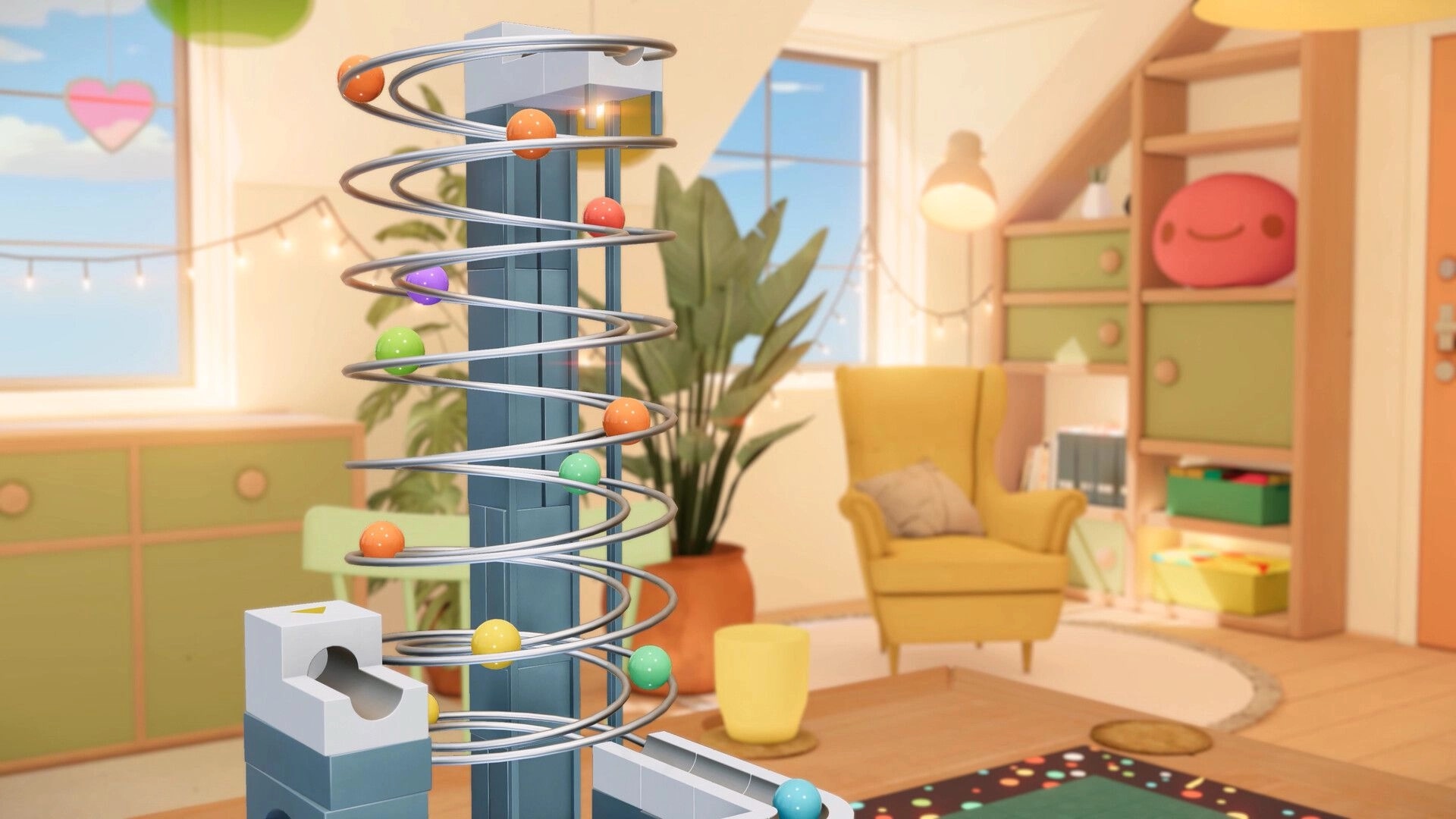 Cozy Marbles: Colorful marbles spiral down a track in a cozy, warmly lit room with plants and shelves.