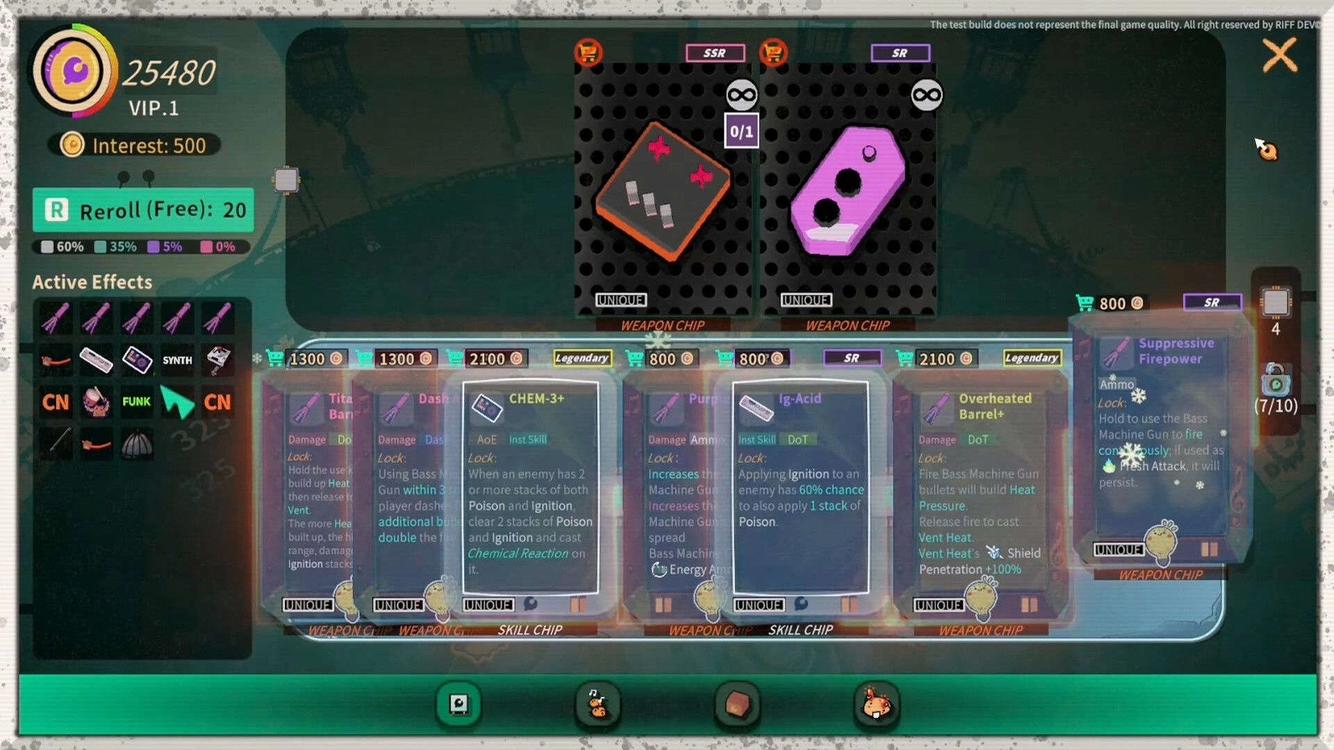 Crab Rhapsody: Weapon chip shop menu with reroll button, SSR/SR chips, and effect cards list.