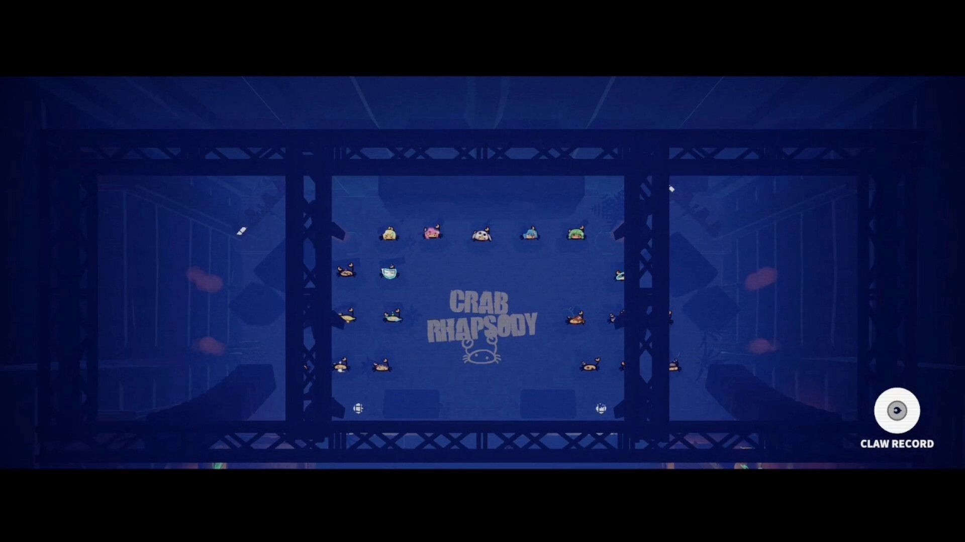Crab Rhapsody: Top-down arena with tiny crabs around logo on blue stage, CLAW RECORD icon UI.