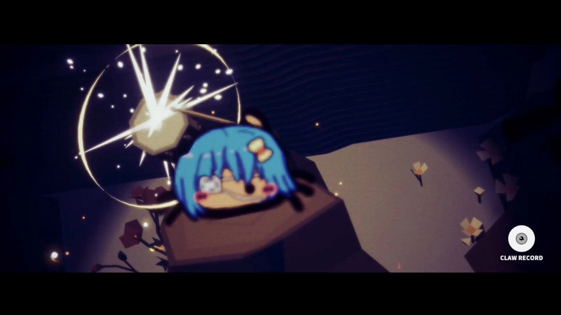 Crab Rhapsody: Blue-haired crab character perched on a rock as a bright orb bursts in a dark cave.