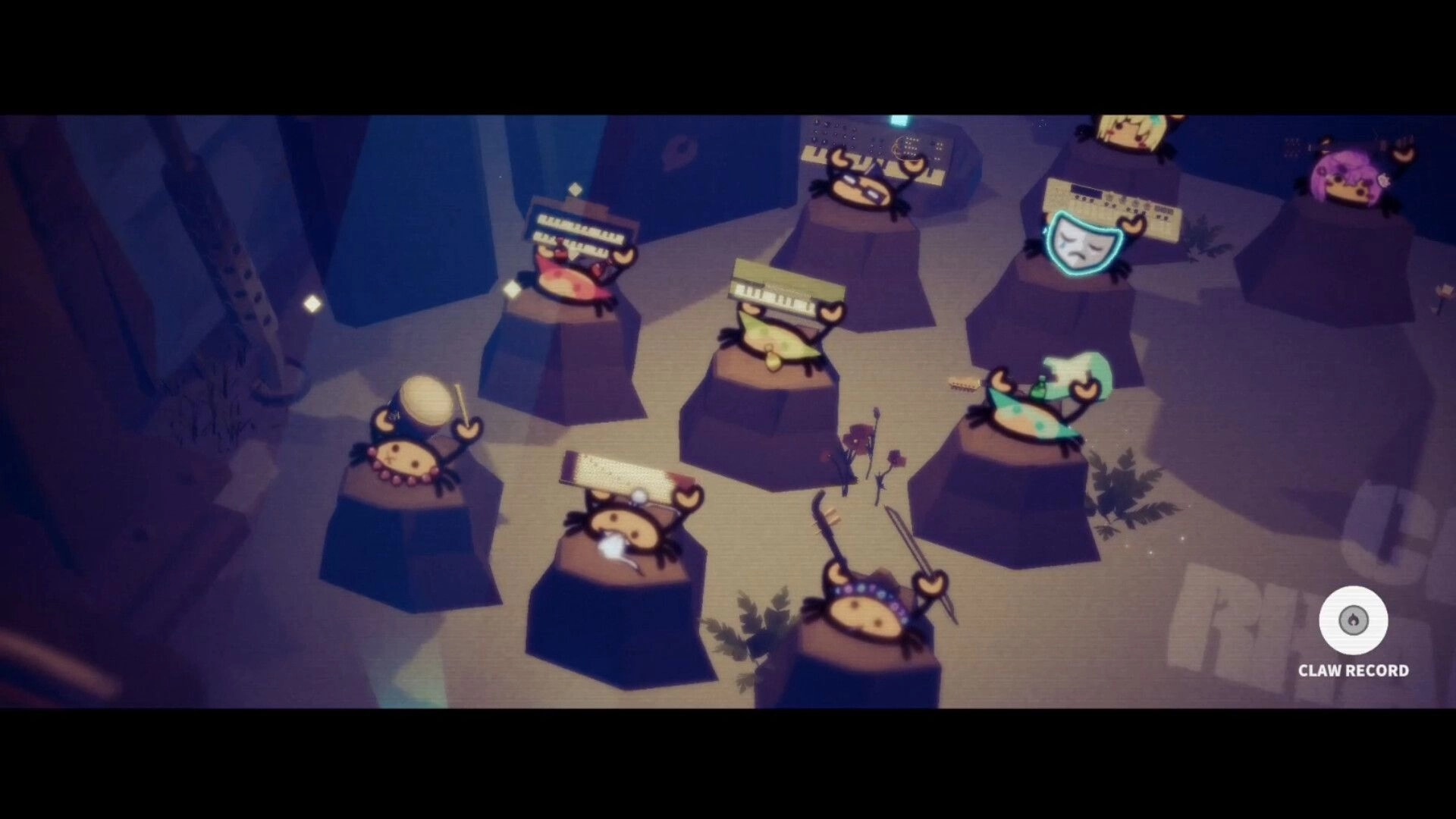 Crab Rhapsody: Crabs on stone pedestals holding instruments in a misty clearing, Claw Record icon UI.