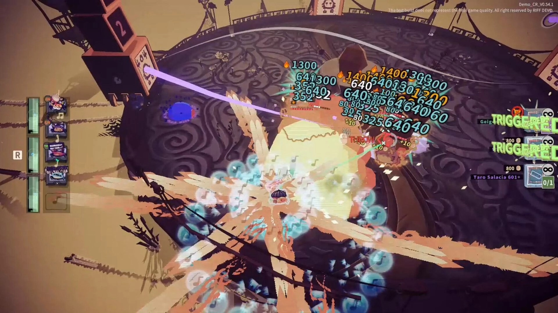 Crab Rhapsody: Combo battle with damage numbers and TRIGGER popups in a circular arena stage UI.