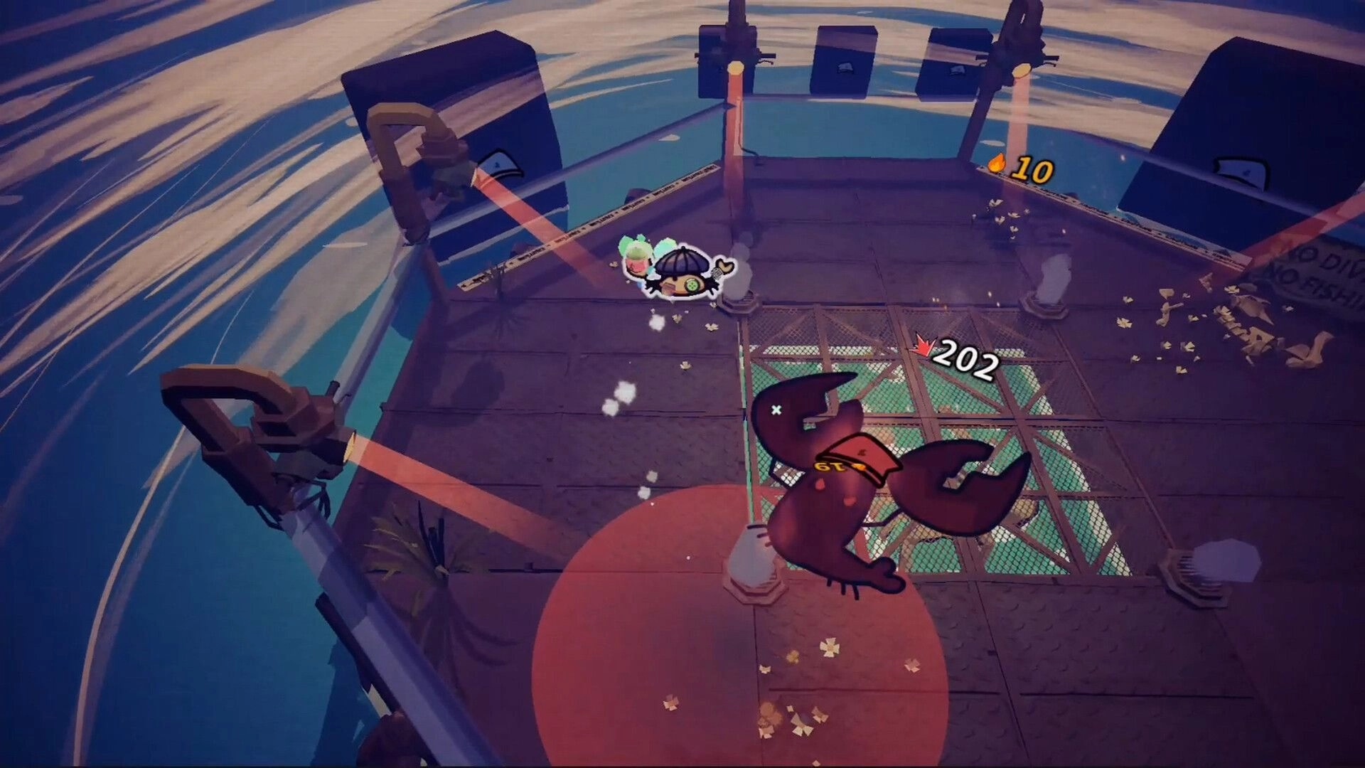Crab Rhapsody: Top-down fight as a tiny crab dodges a giant claw boss on a metal platform arena.