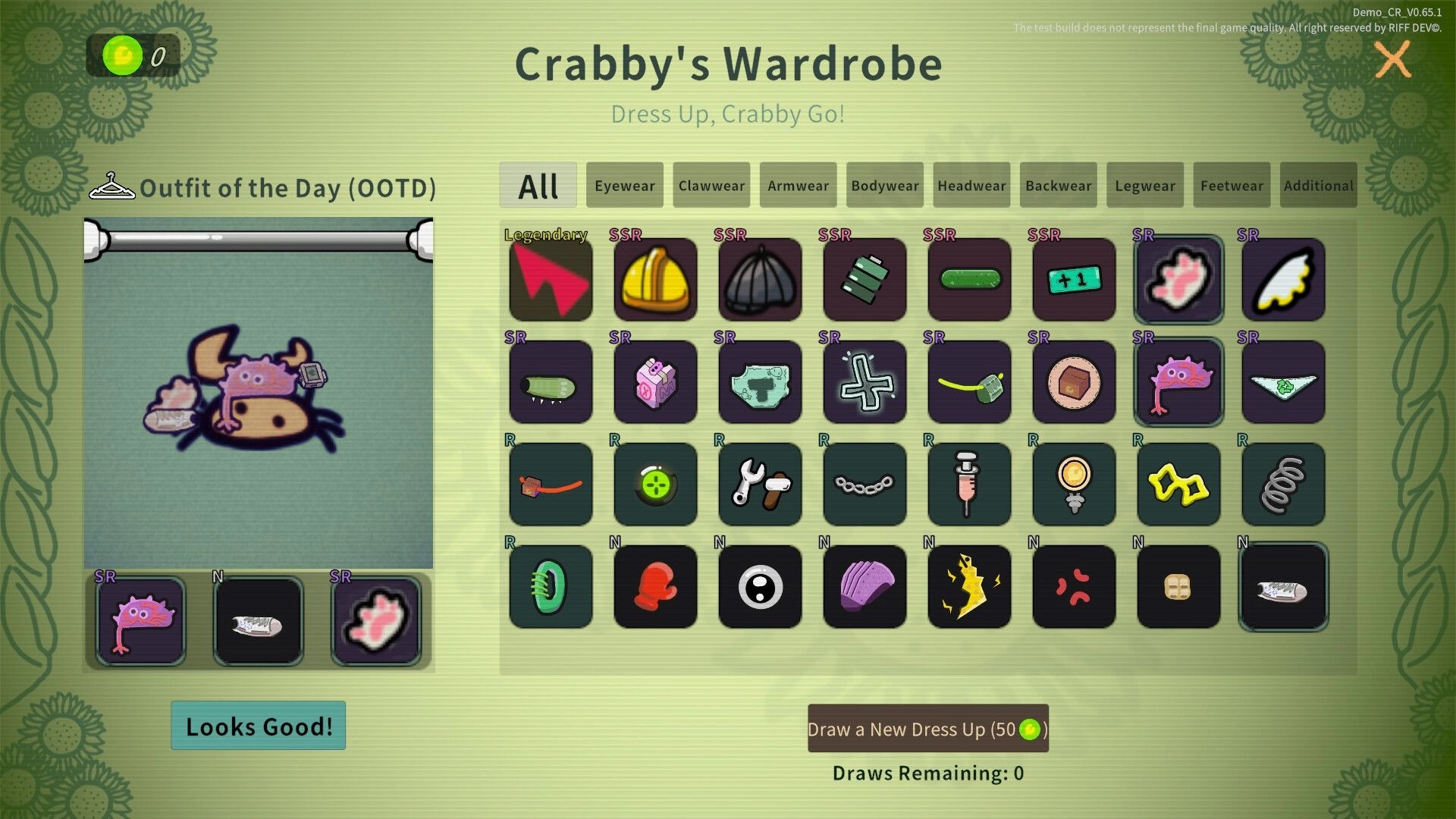 Crab Rhapsody: Crabby's Wardrobe dress-up menu with OOTD crab preview and gear grid UI.