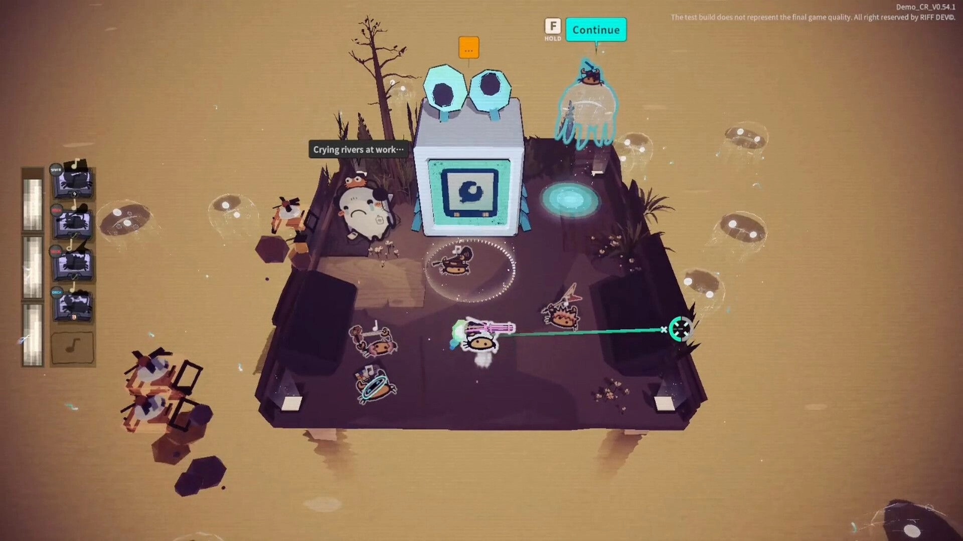 Crab Rhapsody: Continue prompt over a giant-eyed machine on a foggy platform with jellyfish UI icons.