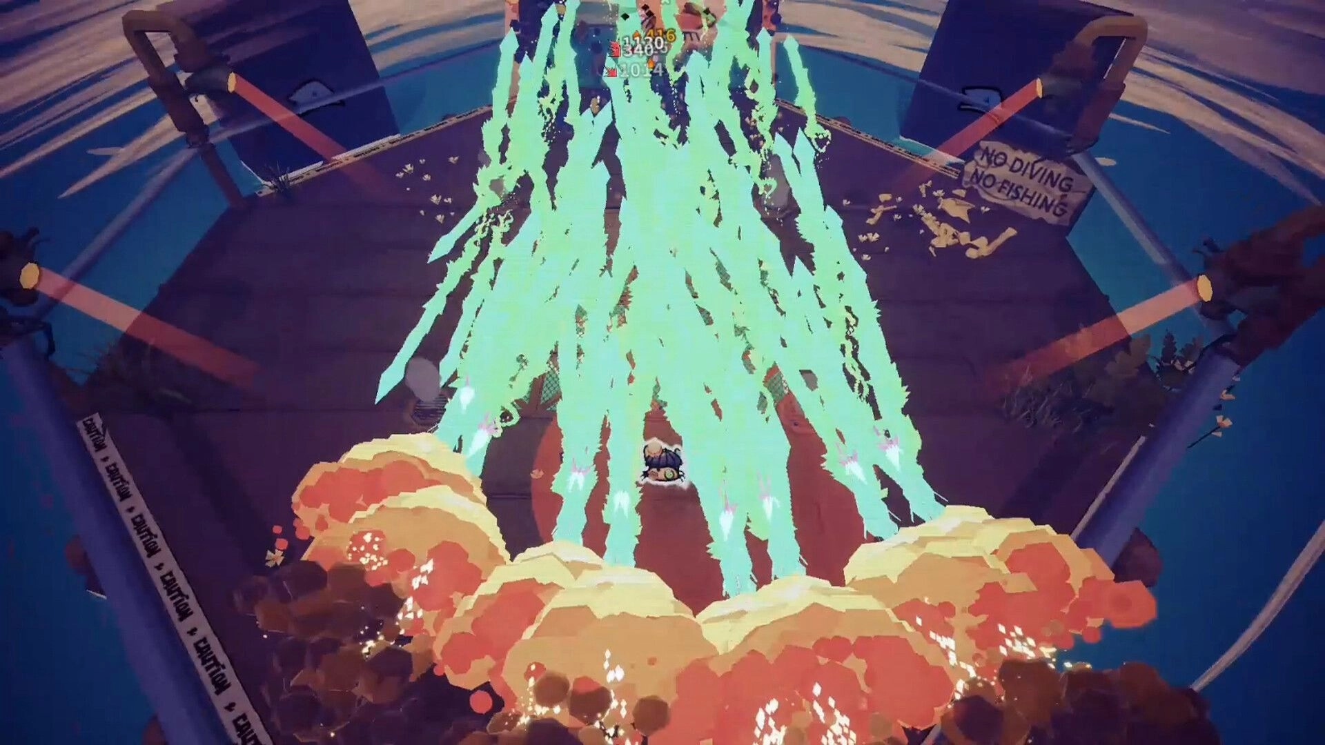 Crab Rhapsody: Crab dodges a huge green flame strike in a fenced arena with damage numbers overhead.