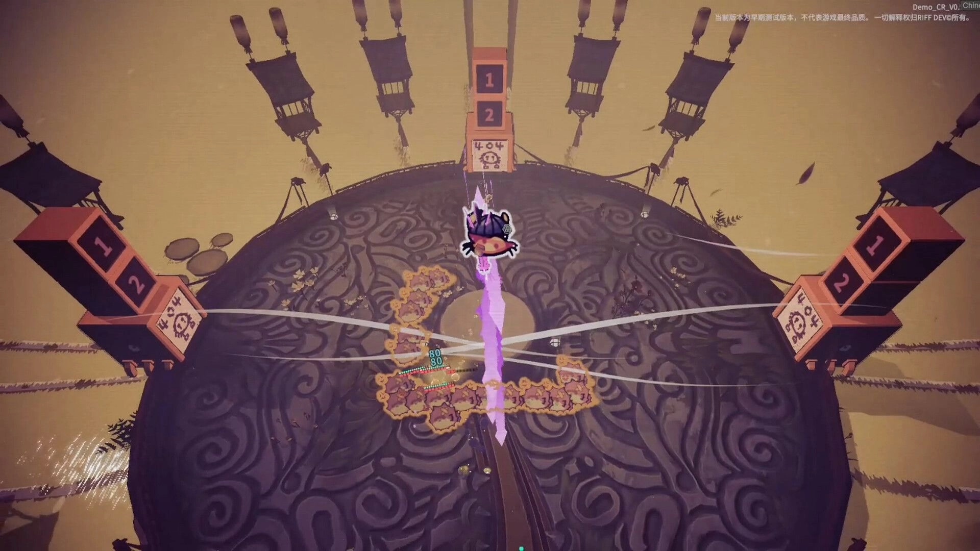 Crab Rhapsody: Crab hero fires a purple laser on a round arena with numbered towers and enemies below.