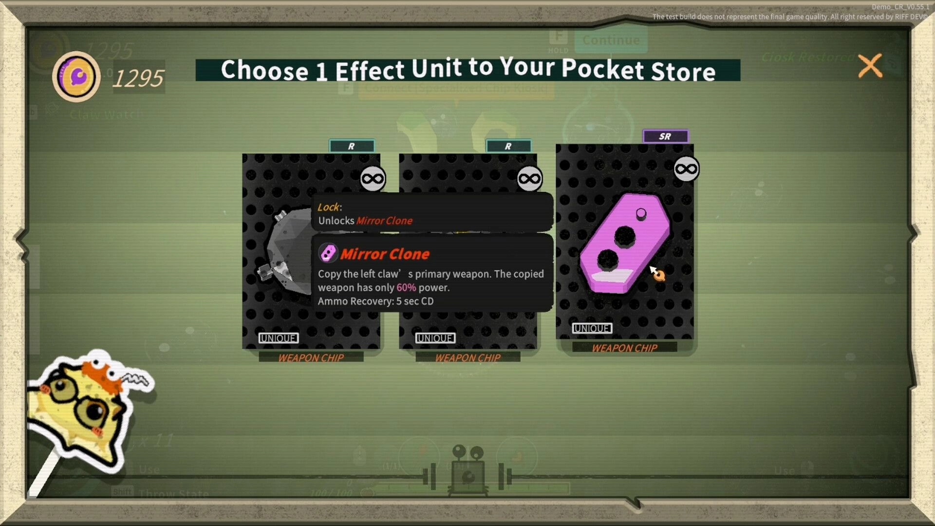 Crab Rhapsody: Pocket store selection menu choosing one effect unit from three weapon chips cards.