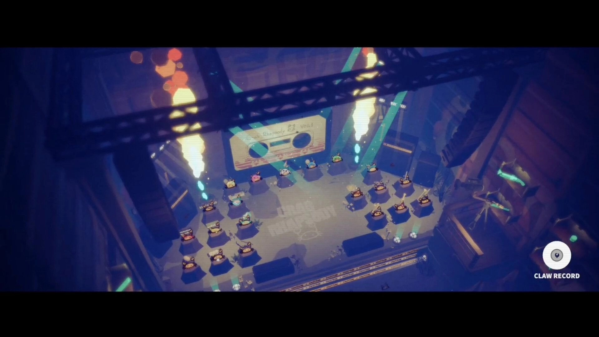 Crab Rhapsody: Overhead stage with crab band icons on pedestals in neon-lit record hall UI.