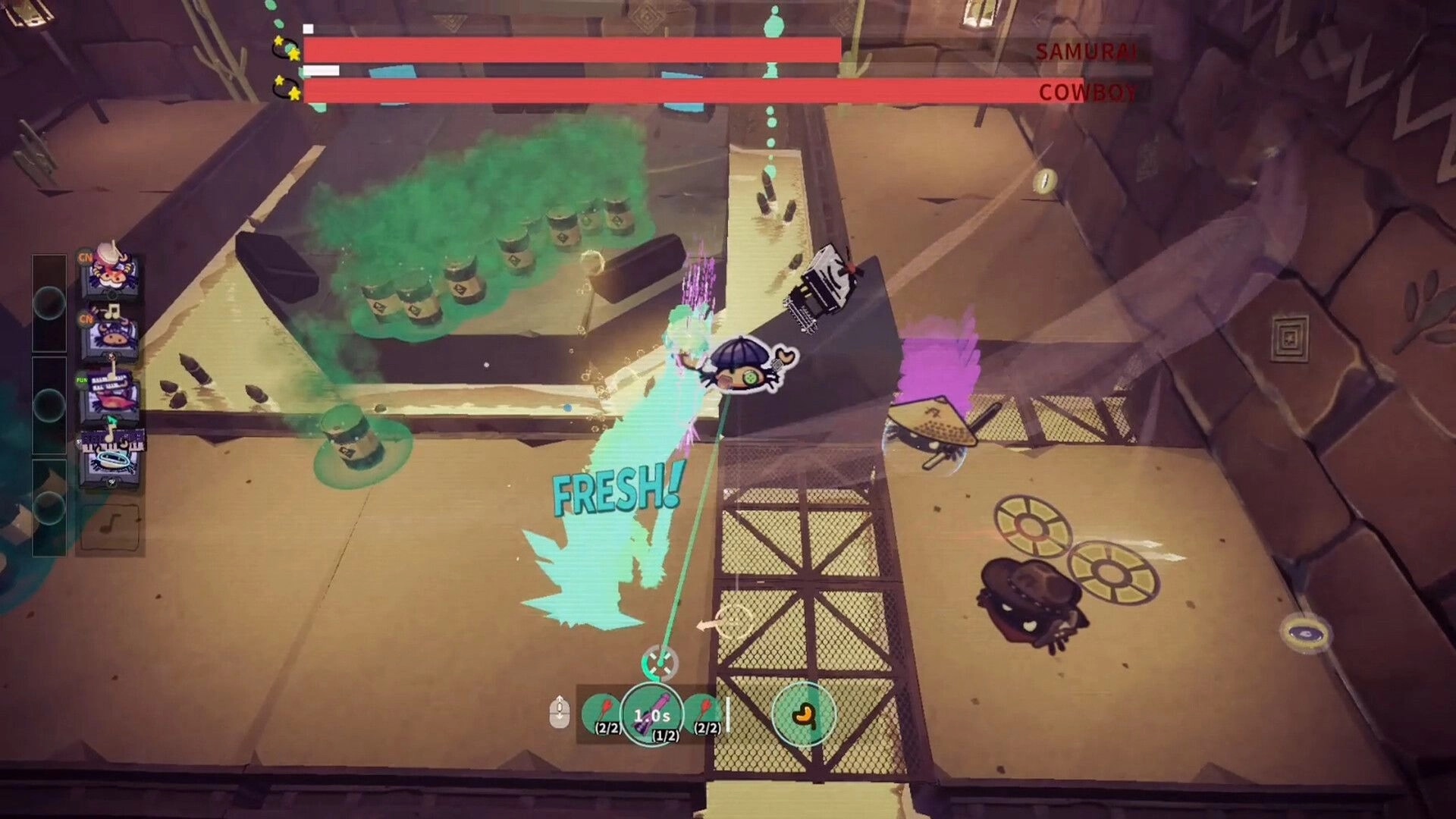 Crab Rhapsody: Top-down crab battle with “FRESH!” hit effect in a sandy arena with boss bars.