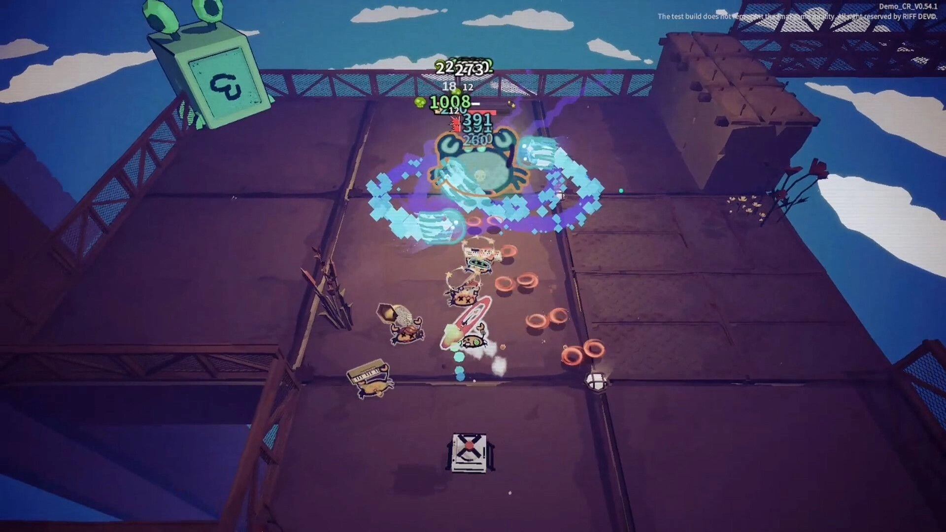 Crab Rhapsody: Crab hero blasts a large enemy with swirling projectiles on a rooftop platform arena.