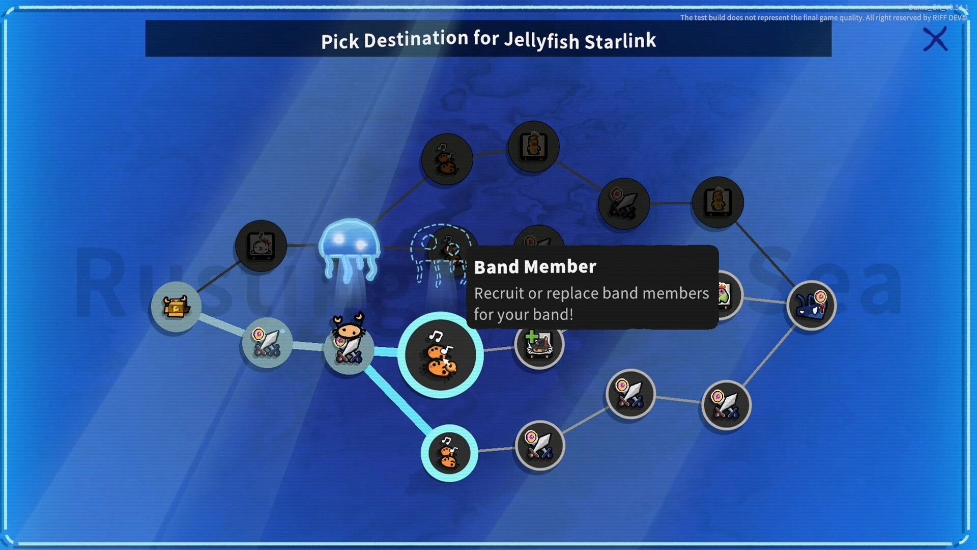 Crab Rhapsody: Jellyfish Starlink destination map with nodes, tooltip for Band Member recruit option.
