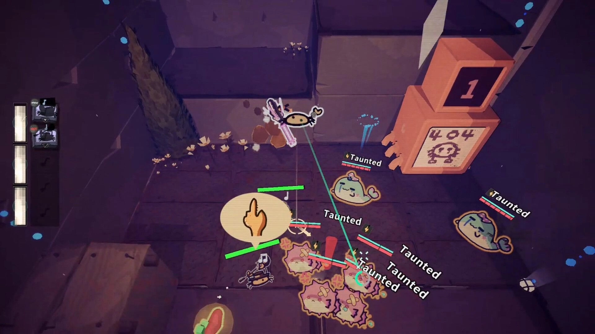 Crab Rhapsody: Top-down combat with enemies marked Taunted in a stone room beside a 404 block pillar.