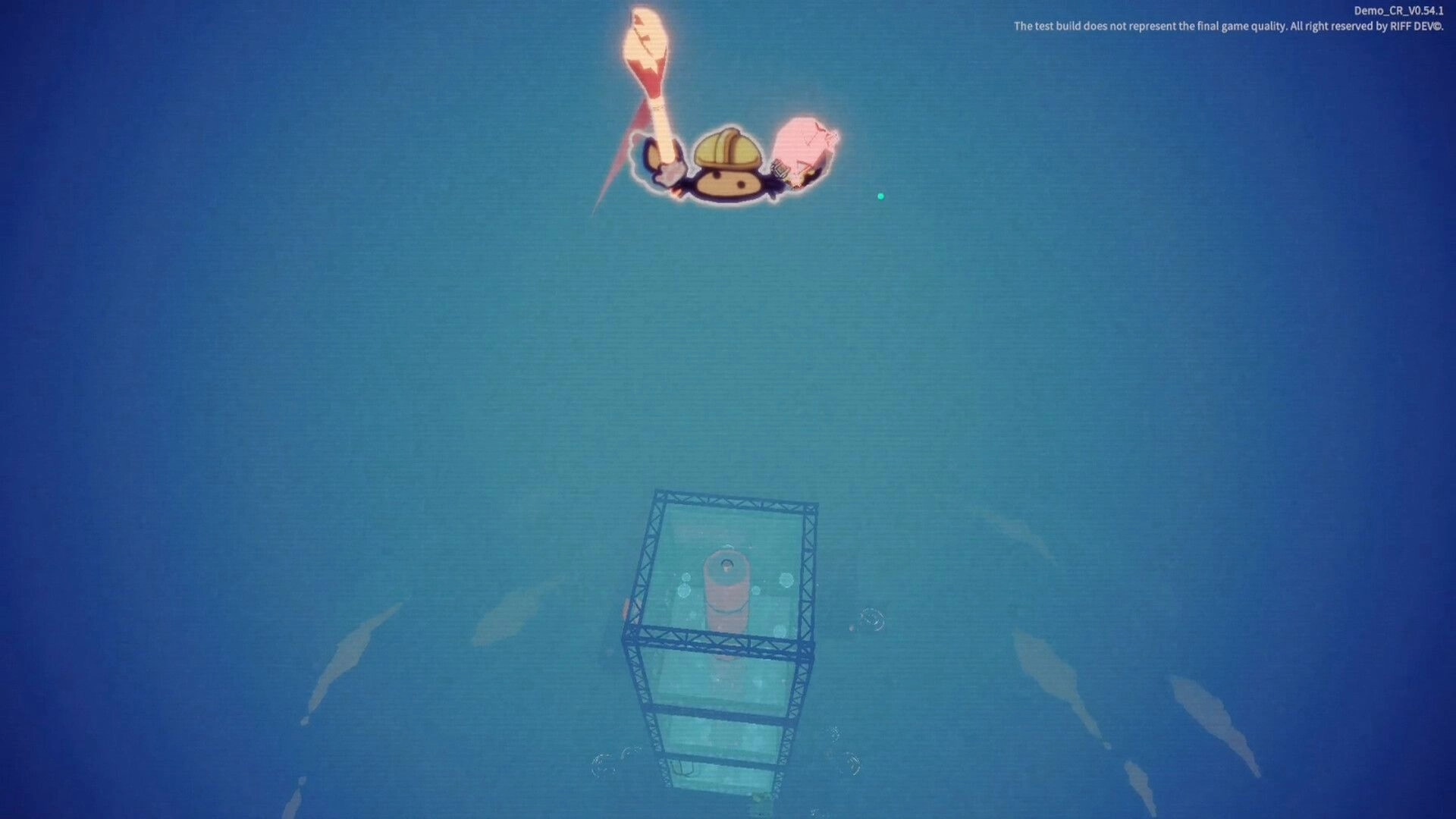 Crab Rhapsody: Cartoon crab dives underwater toward a metal cage platform in a blue ocean scene.