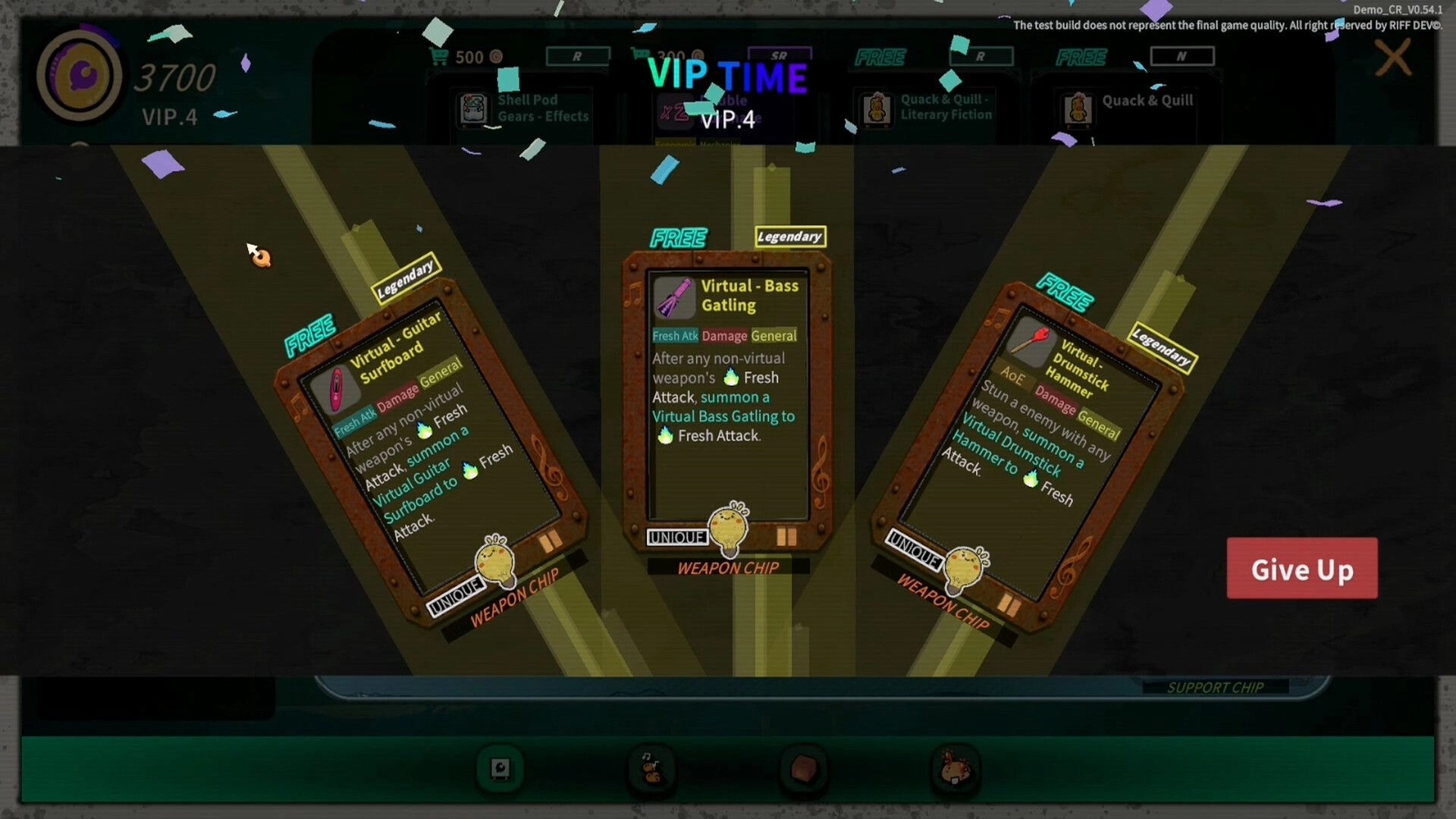 Crab Rhapsody: VIP TIME reward screen with three free legendary weapon chip cards and Give Up button.