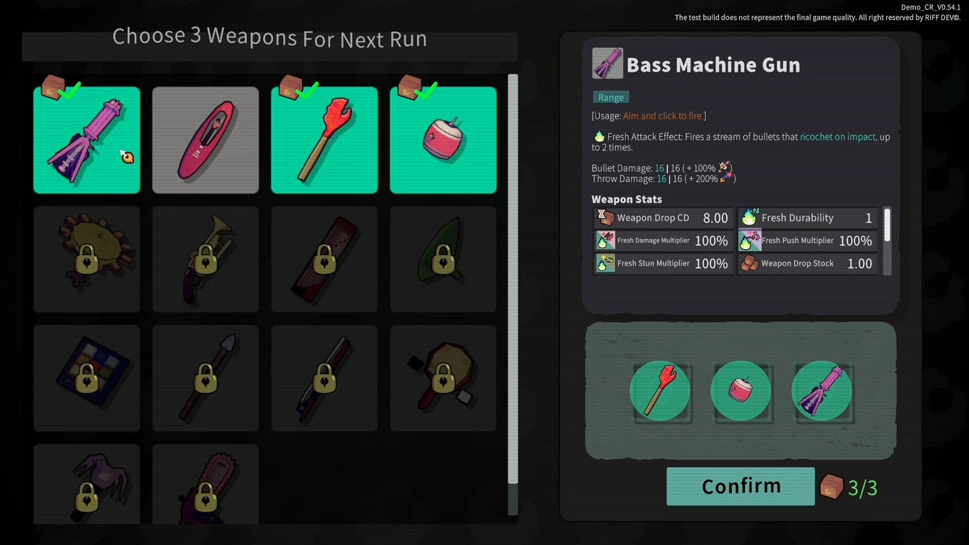 Crab Rhapsody: Weapon selection menu picking three items, Bass Machine Gun stats panel and confirm button.
