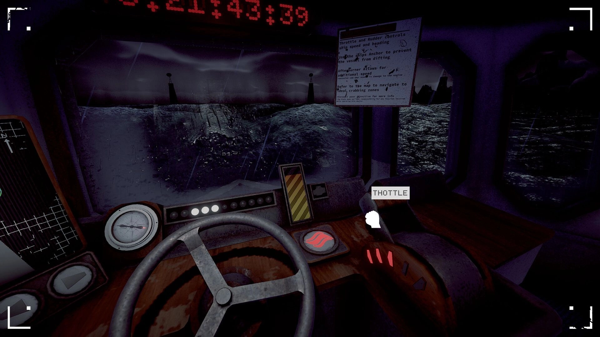 Crabmeat: Player in ship cockpit adjusting throttle in stormy Antarctic waters, compass and map visible.