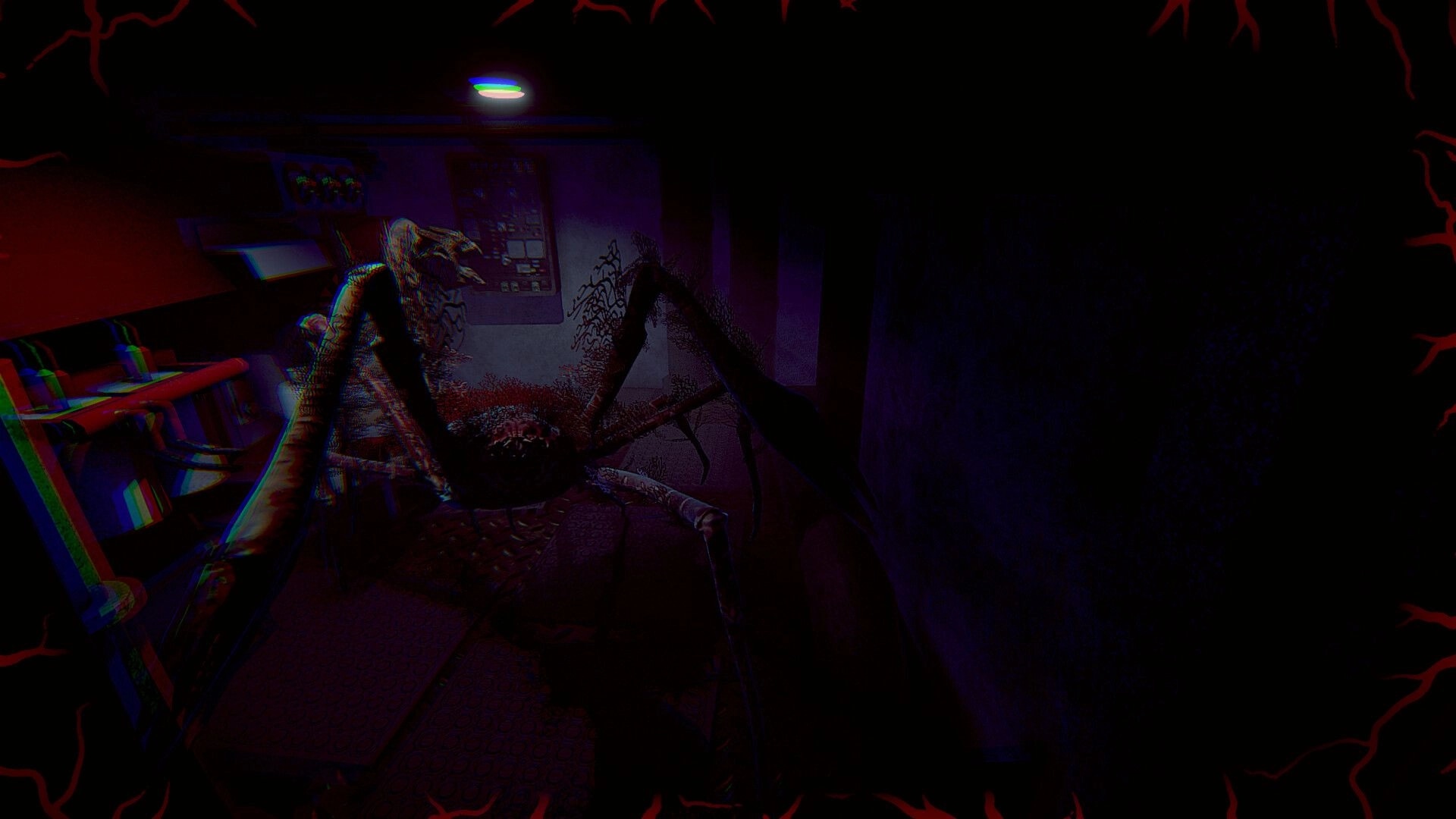 Crabmeat: Giant crab attacking in dimly lit ship corridor with red glitch effect on screen edges
