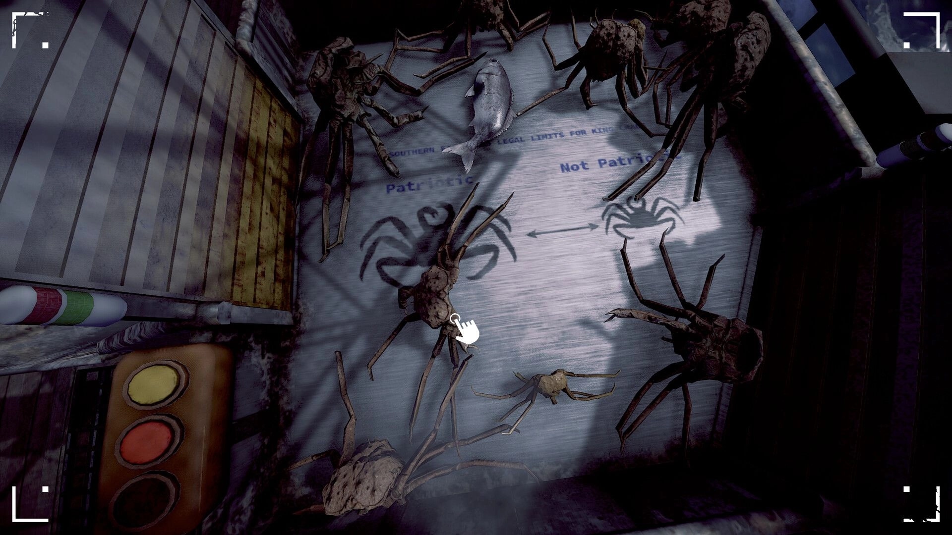 Crabmeat: Crabs and a fish on deck with a pointer hovering over one, next to a warning sign and controls.