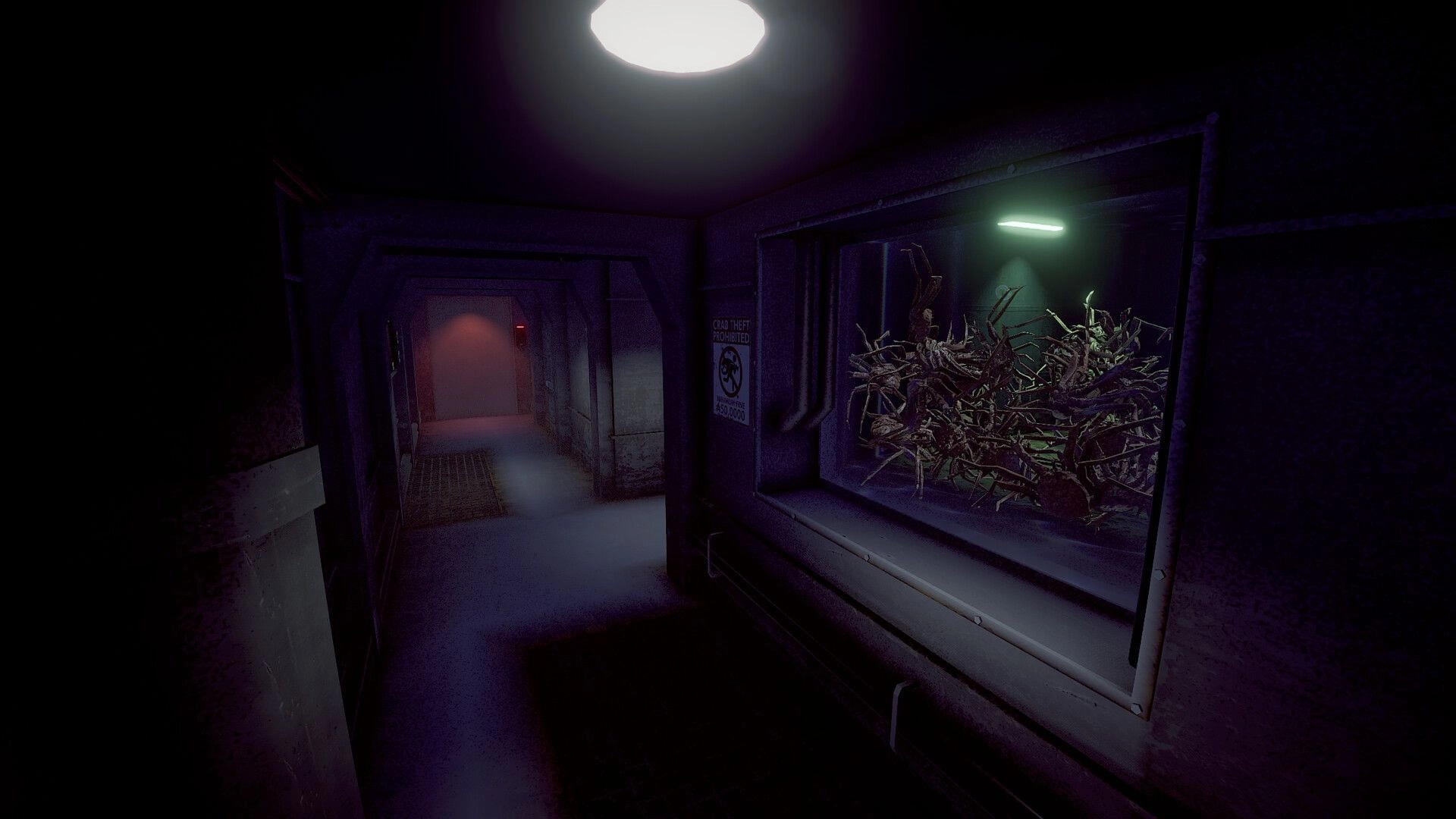 Crabmeat: Dimly lit corridor with crab tank on right and warning sign about crab theft in cold interior.