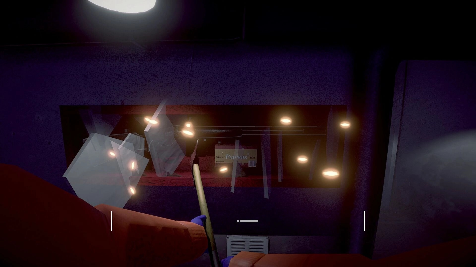 Crabmeat: Player holding a spear inside a dimly lit cabin with glowing lights and scattered papers
