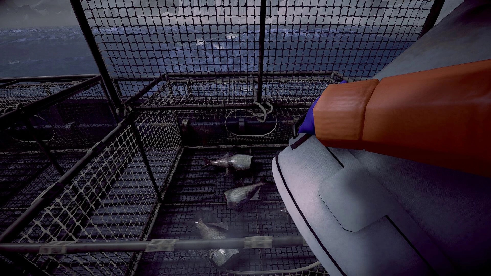 Crabmeat: Player's gloved hand reaching into a metal crab cage on a ship's deck, ocean in the background