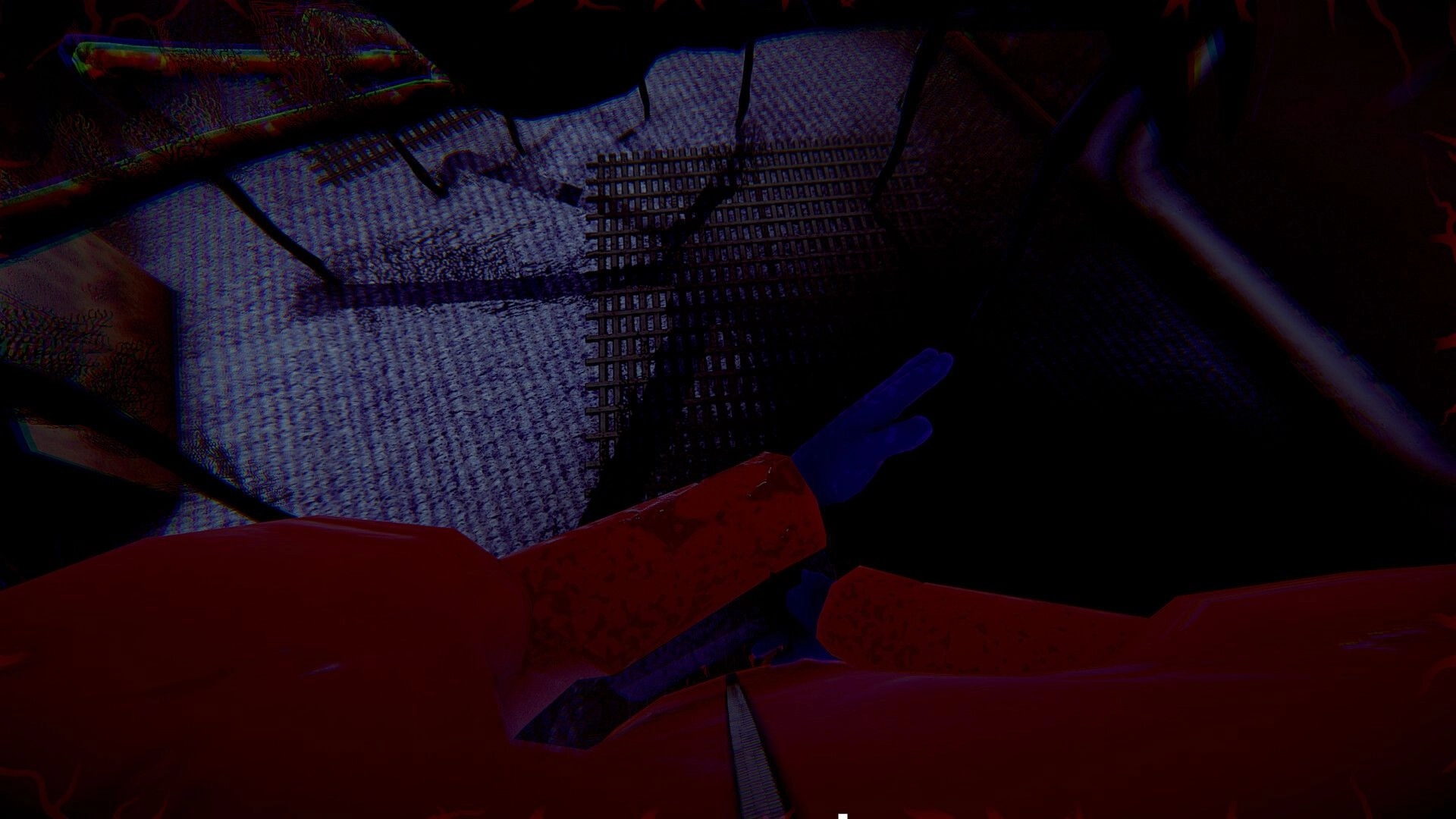 Crabmeat: First-person view of character reaching towards a metal grate on a dimly lit ship deck.