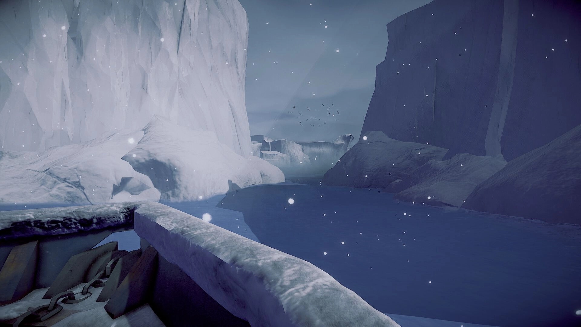Crabmeat: Snowy Antarctic waters with towering icy cliffs and a ship's edge in the foreground.