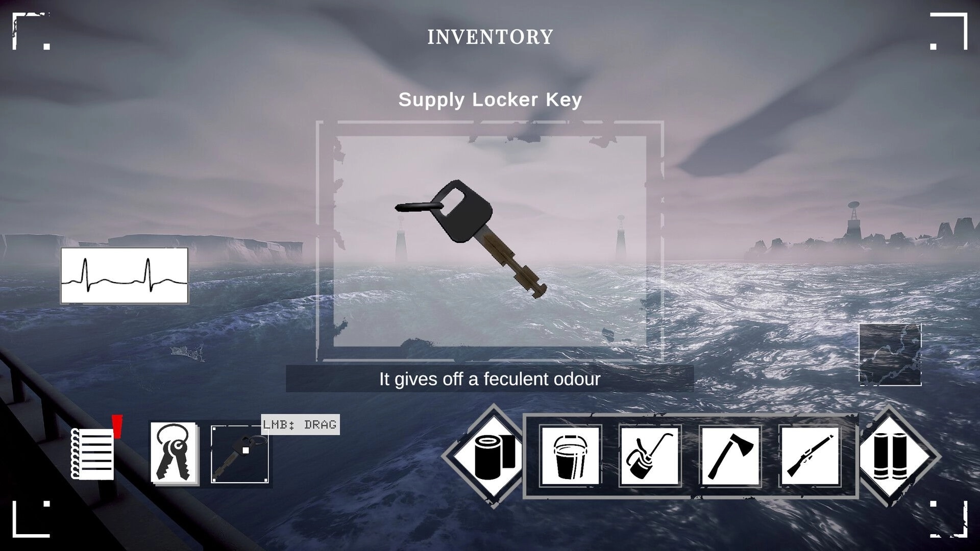 Crabmeat: Inventory screen showing Supply Locker Key over stormy Antarctic sea with distant icebergs.