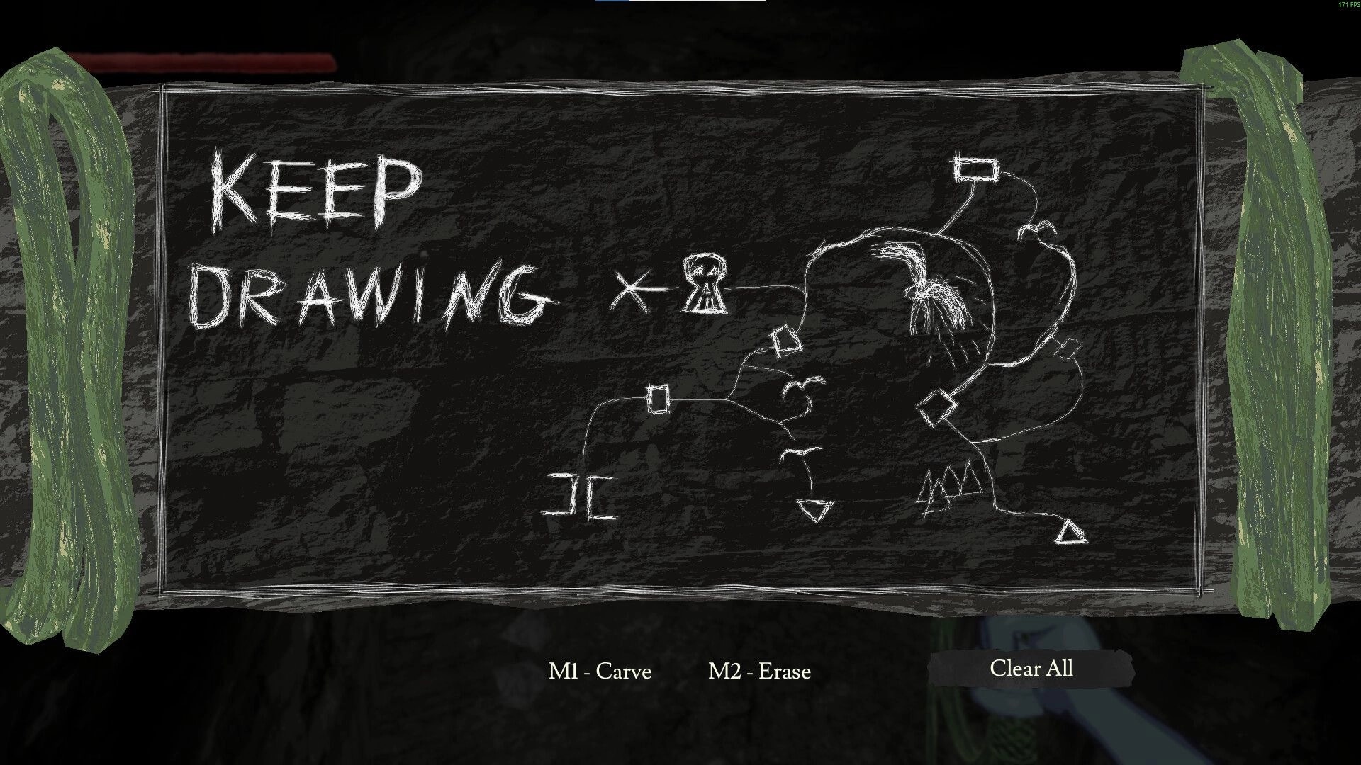 Crack In The Dark: Chalkboard puzzle with cryptic drawings and carving instructions in dim cave setting