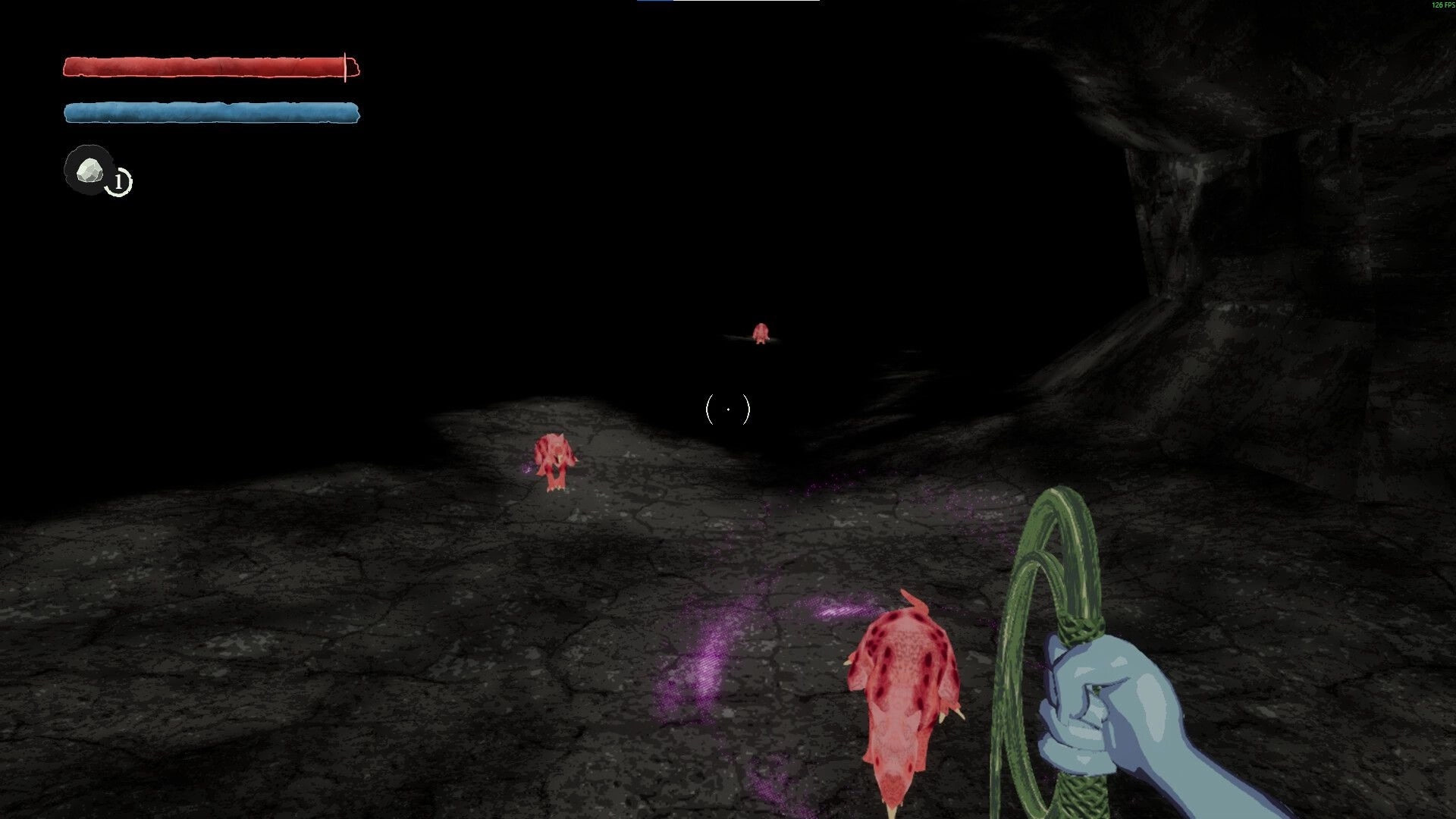 Crack In The Dark: Player wielding whip in dark cave, facing red creatures with health bars visible