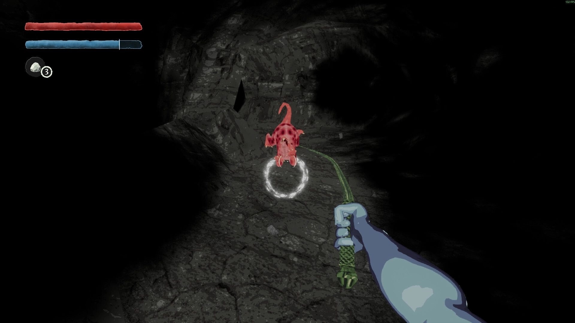 Crack In The Dark: Player uses whip to attack a red creature in a dark cave with health bars visible